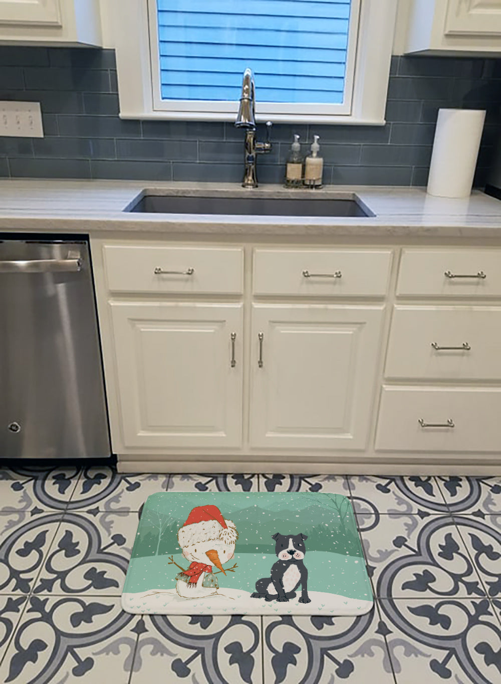 Black Staffie Snowman Christmas Memory Foam Kitchen Mat Machine Washable Anti-Fatigue Cushion Comfort Bath or Kitchen Rug