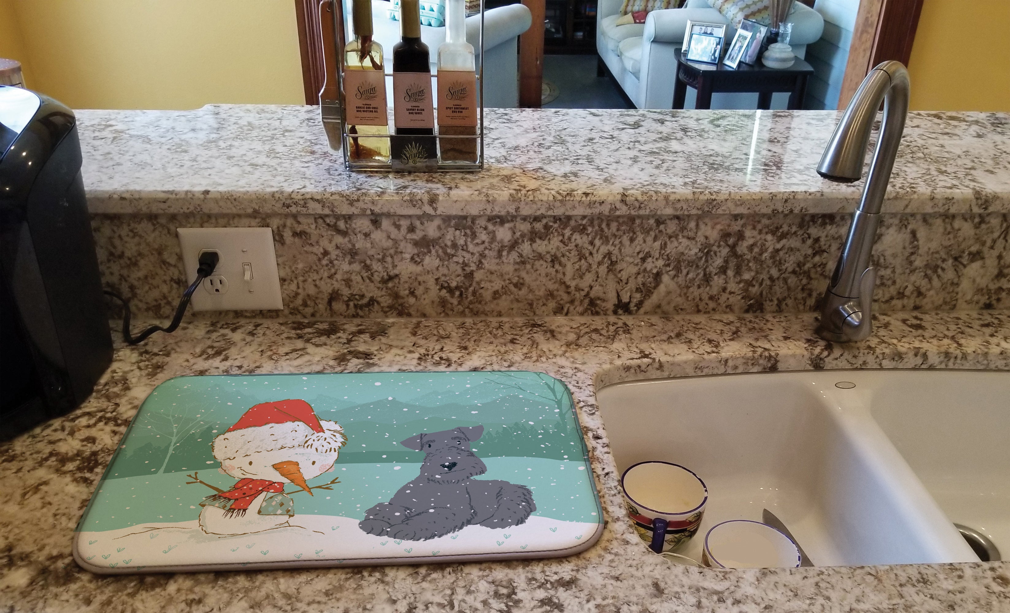 Lakeland Terrier Snowman Christmas Dish Drying Mat Absorbent Dish Drying Mat Pad for Kitchen Counter Dish Drainer Mat for Countertop, 14 x 21", Multicolor