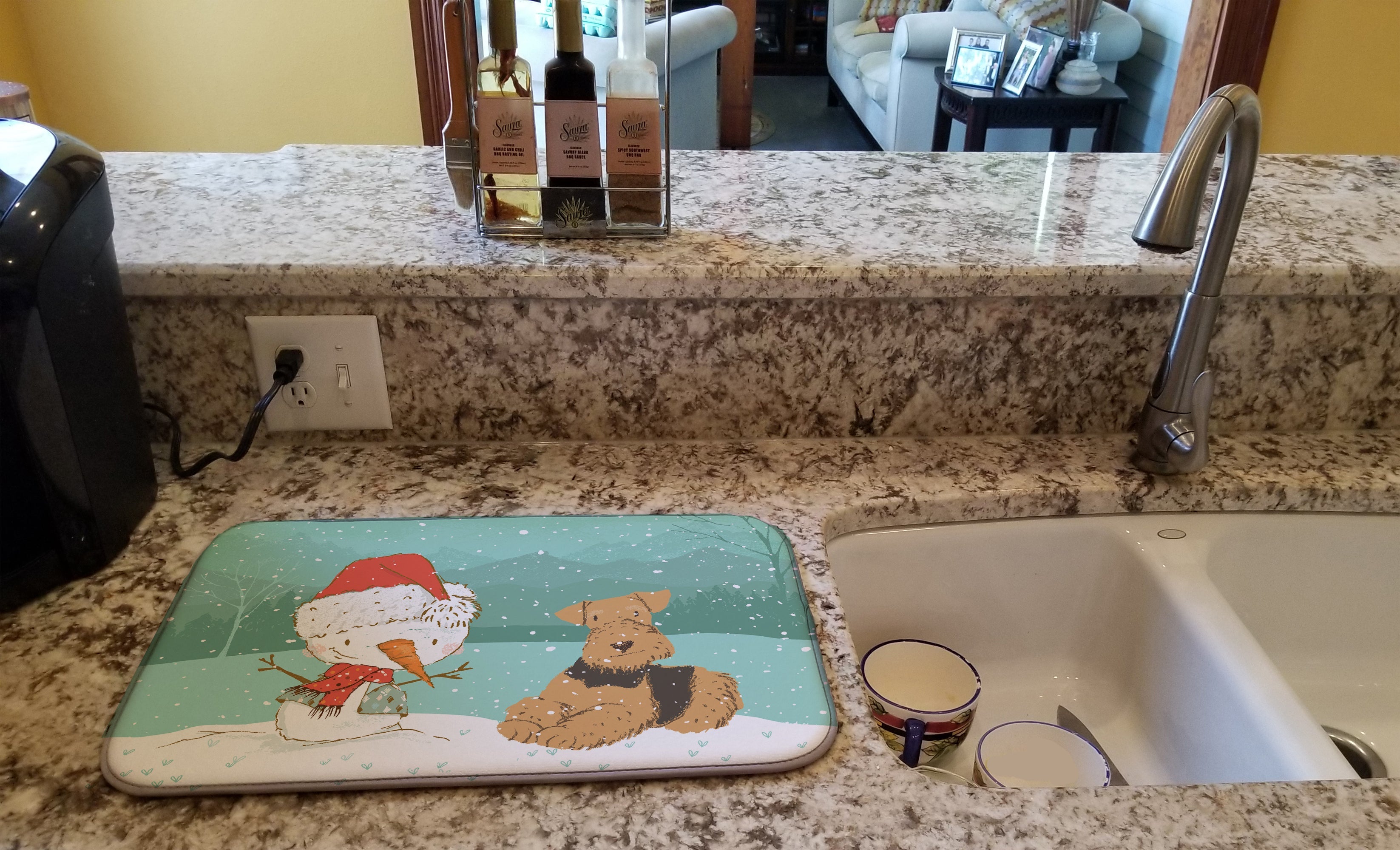Airedale Terrier Snowman Christmas Dish Drying Mat Absorbent Dish Drying Mat Pad for Kitchen Counter Dish Drainer Mat for Countertop, 14 x 21", Multicolor