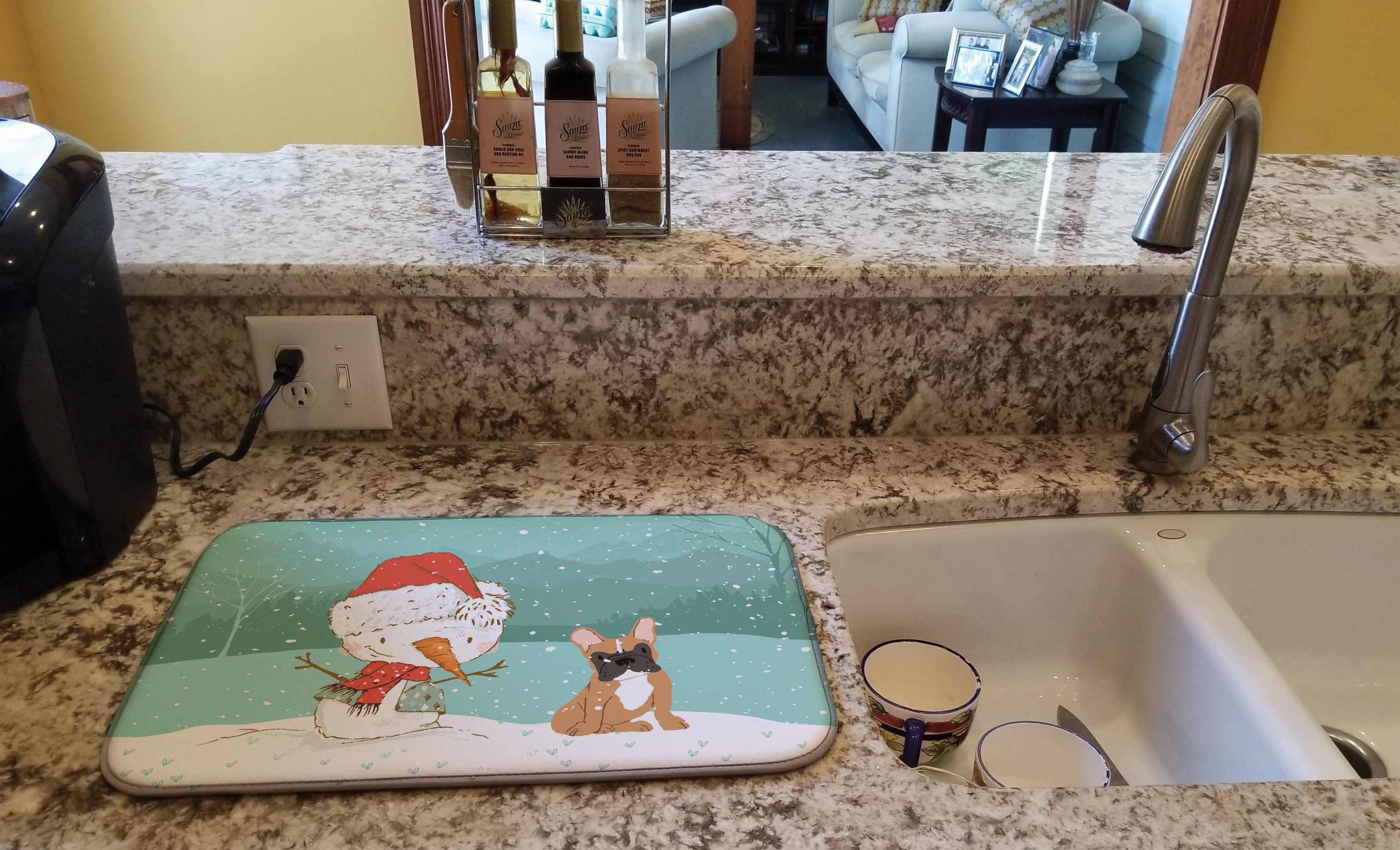 Fawn French Bulldog Snowman Christmas Dish Drying Mat Absorbent Dish Drying Mat Pad for Kitchen Counter Dish Drainer Mat for Countertop, 14 x 21", Multicolor