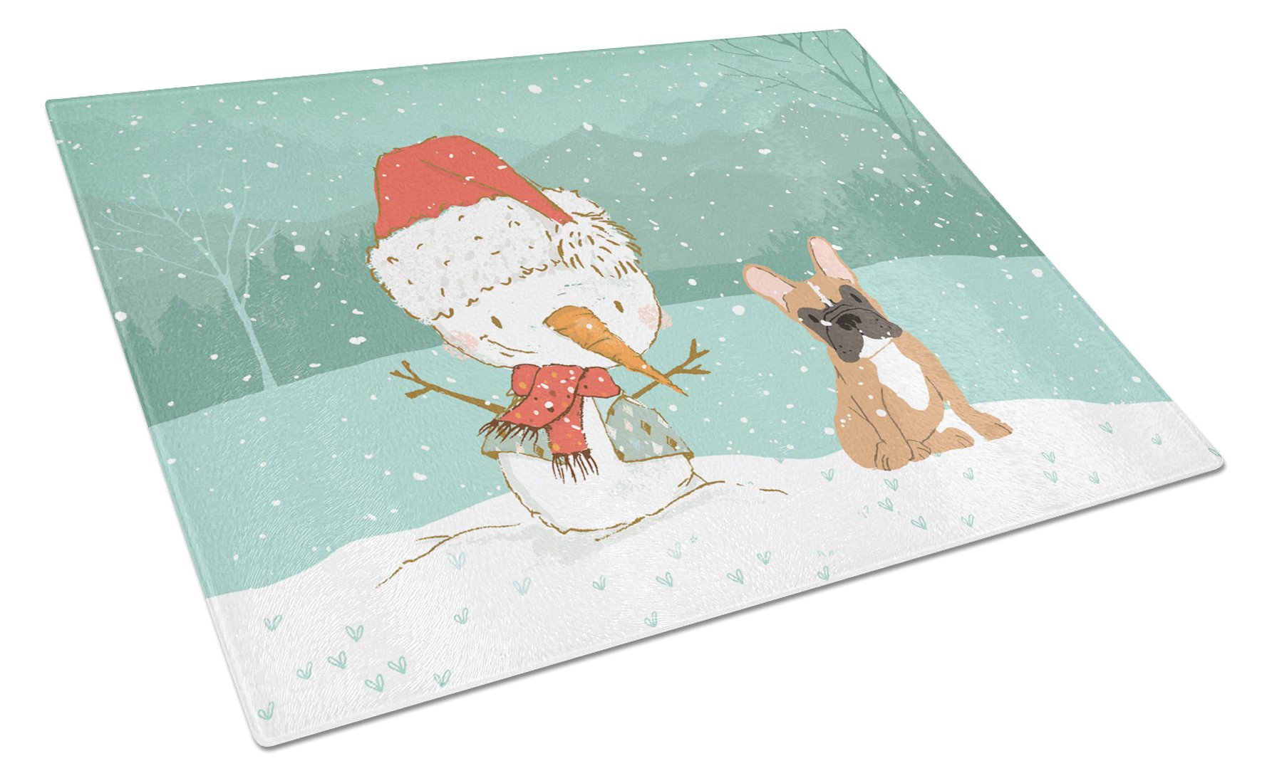 Fawn French Bulldog Snowman Christmas Cutting Board Tempered Glass Kitchen Cutting Surface, Heat Resistant Chopping, Non-Slip Feet, Food Prep & Serving