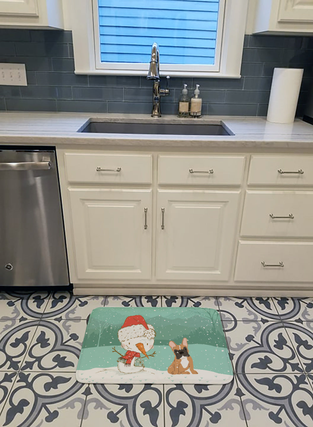 Fawn French Bulldog Snowman Christmas Memory Foam Kitchen Mat Machine Washable Anti-Fatigue Cushion Comfort Bath or Kitchen Rug