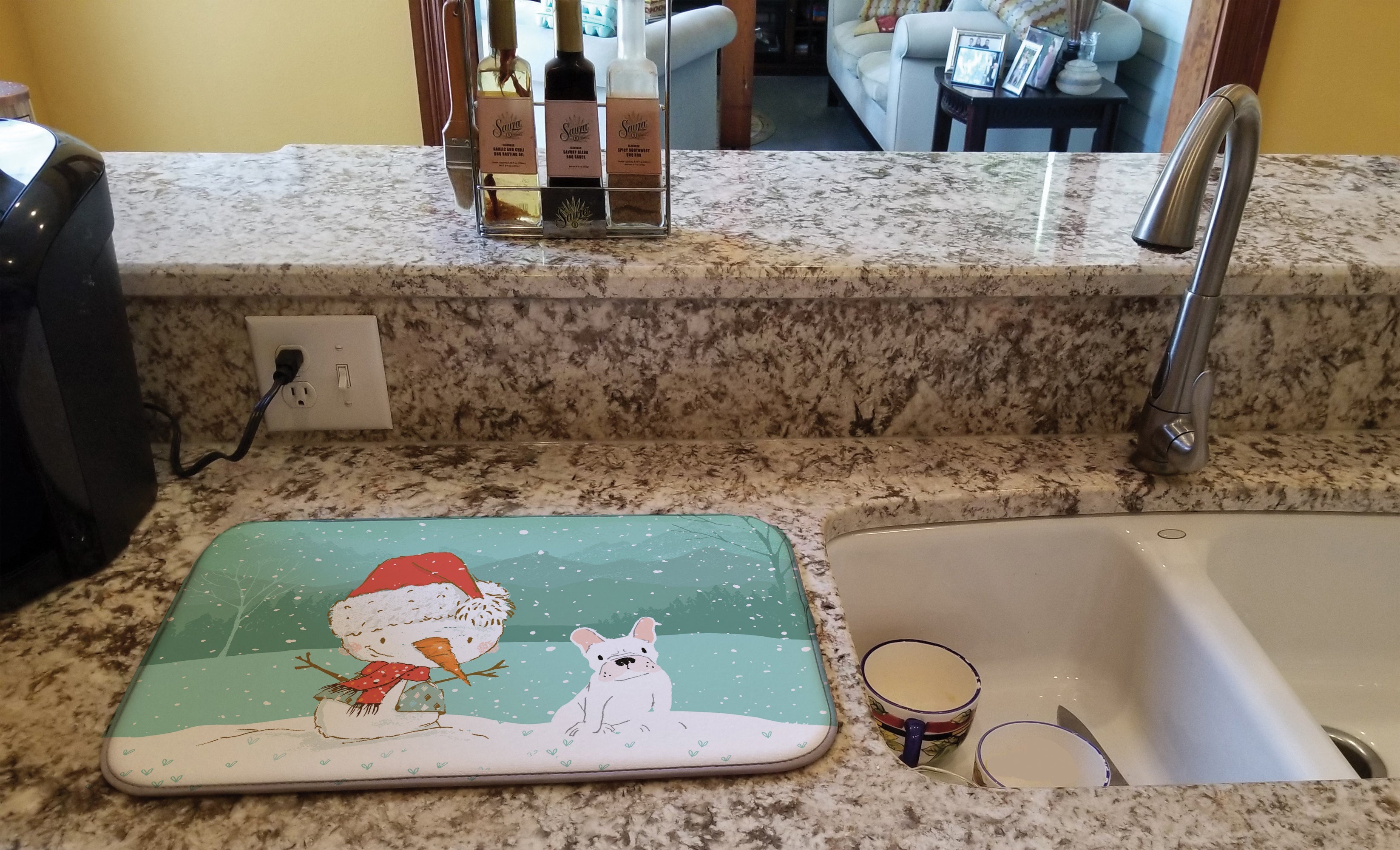 White French Bulldog Snowman Christmas Dish Drying Mat Absorbent Dish Drying Mat Pad for Kitchen Counter Dish Drainer Mat for Countertop, 14 x 21", Multicolor