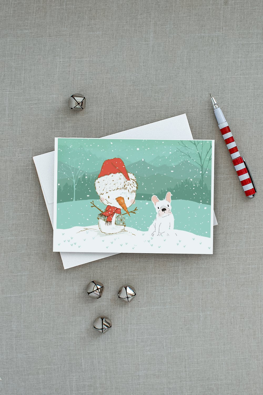 White French Bulldog Snowman Christmas Greeting Cards Pack of 8 Blank Cards with Envelopes Whimsical A7 Size 5x7