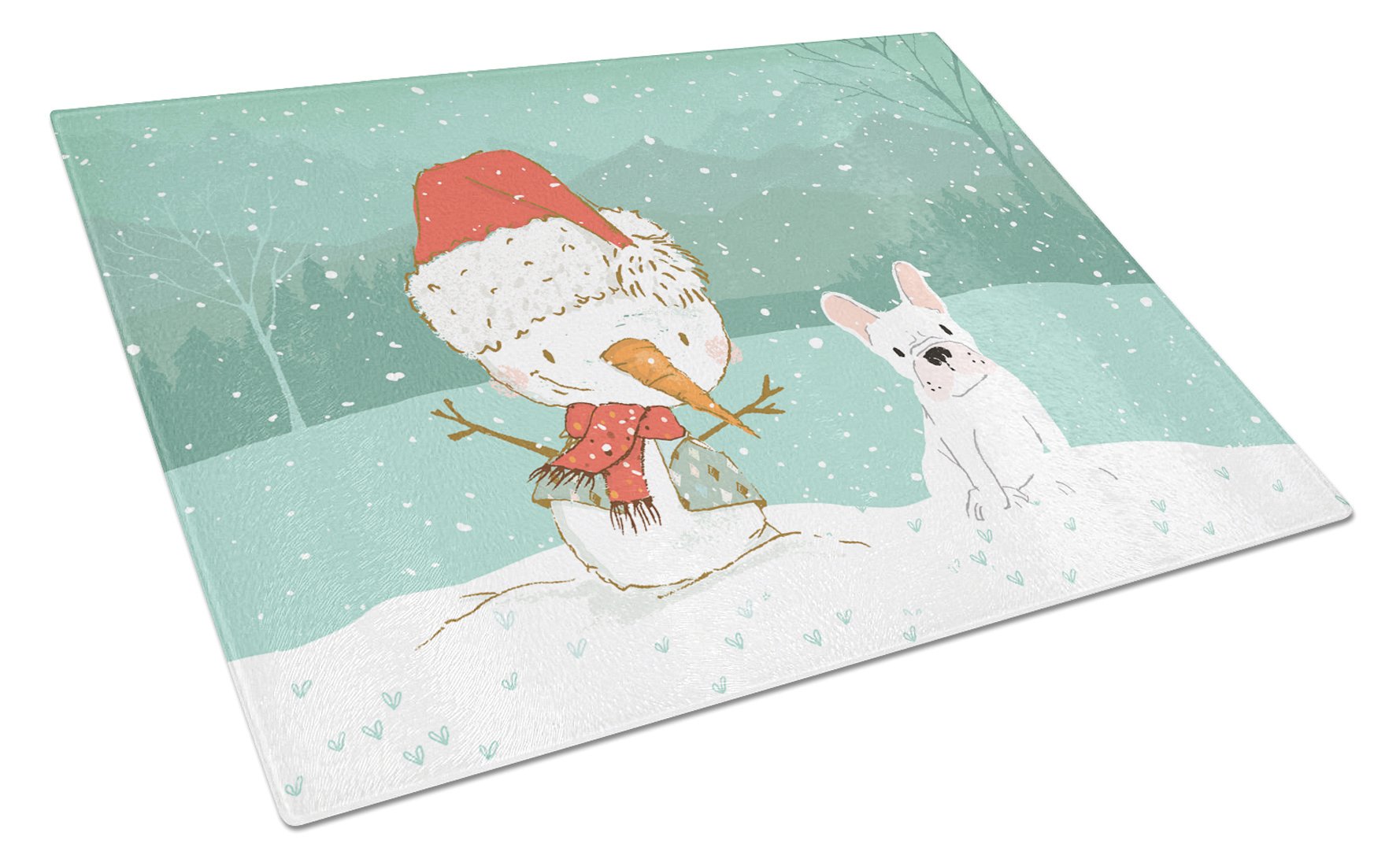 White French Bulldog Snowman Christmas Cutting Board Tempered Glass Kitchen Cutting Surface, Heat Resistant Chopping, Non-Slip Feet, Food Prep & Serving