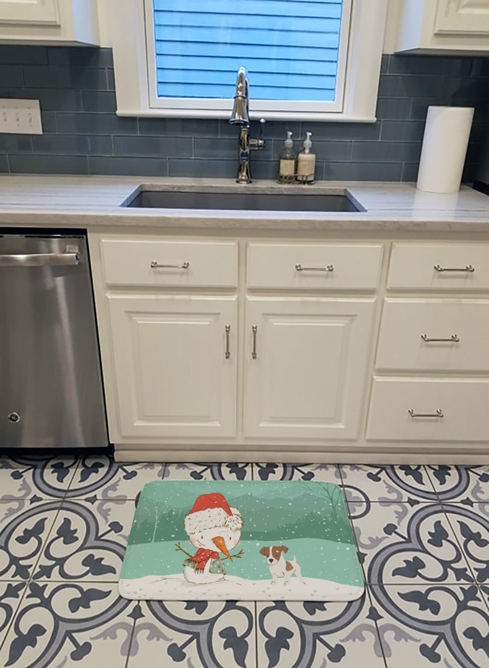 Jack Russell Terrier #2 Snowman Christmas Memory Foam Kitchen Mat Machine Washable Anti-Fatigue Cushion Comfort Bath or Kitchen Rug