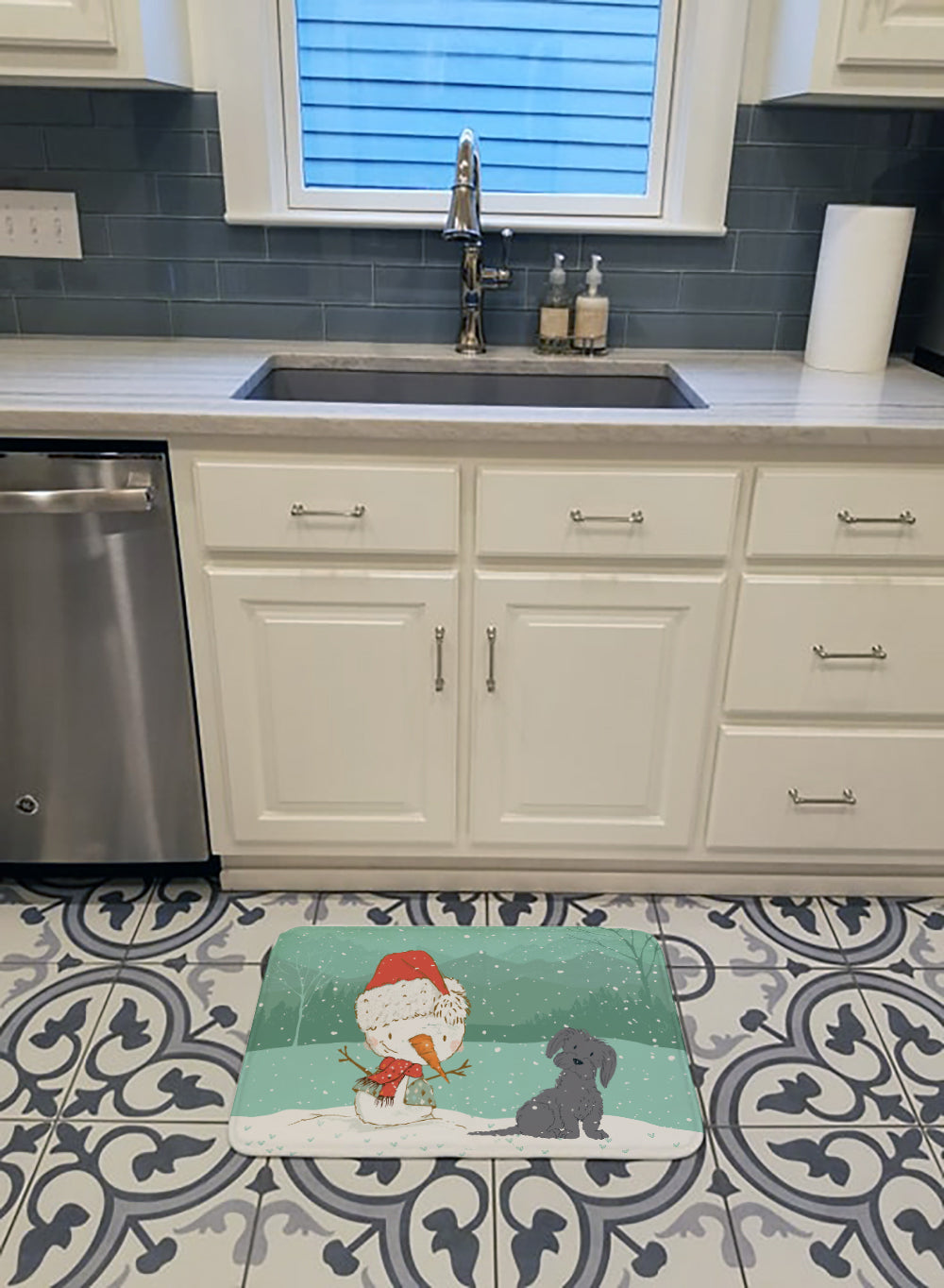 Black Maltese Snowman Christmas Memory Foam Kitchen Mat Machine Washable Anti-Fatigue Cushion Comfort Bath or Kitchen Rug
