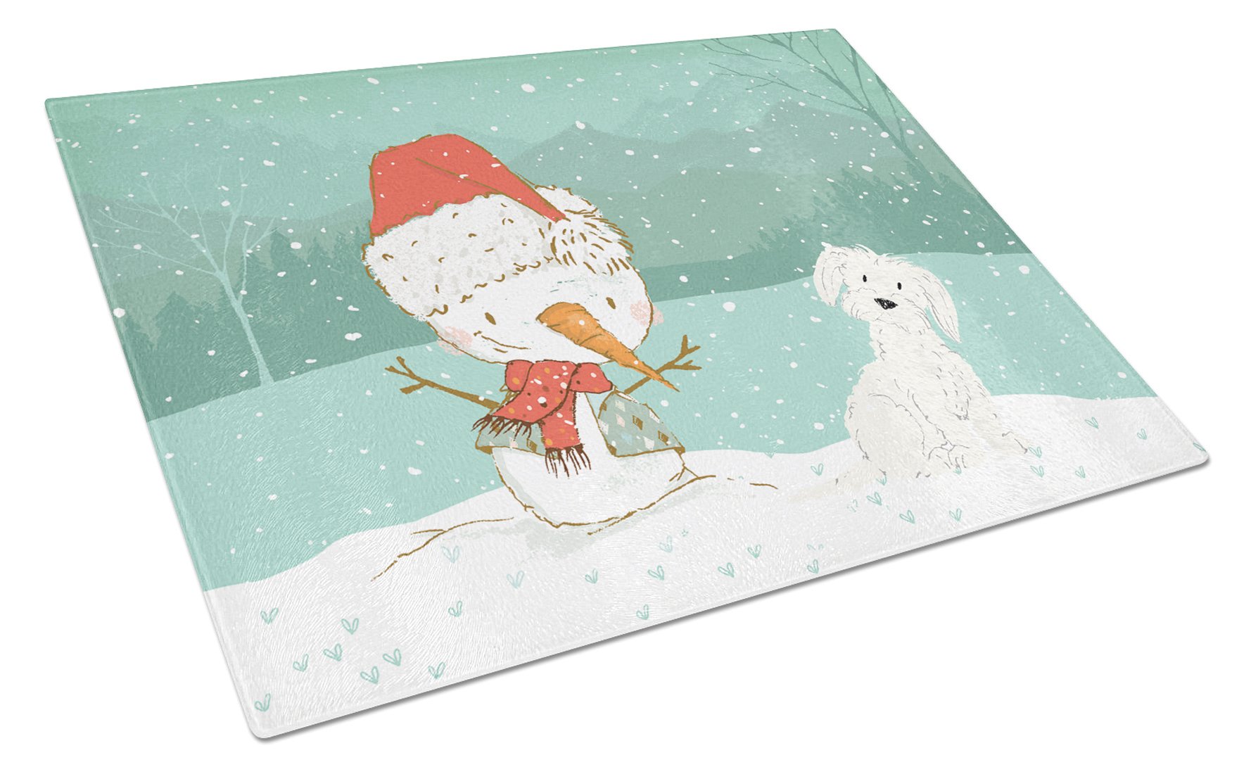 Maltese Snowman Christmas Cutting Board Tempered Glass Kitchen Cutting Surface, Heat Resistant Chopping, Non-Slip Feet, Food Prep & Serving