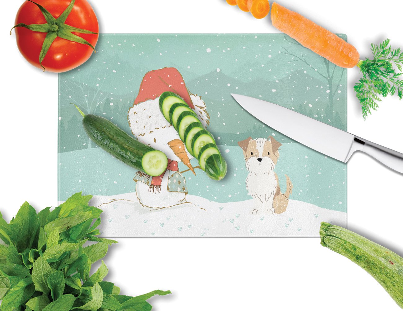 Brown and White Terrier Snowman Christmas Cutting Board Tempered Glass Kitchen Cutting Surface, Heat Resistant Chopping, Non-Slip Feet, Food Prep & Serving