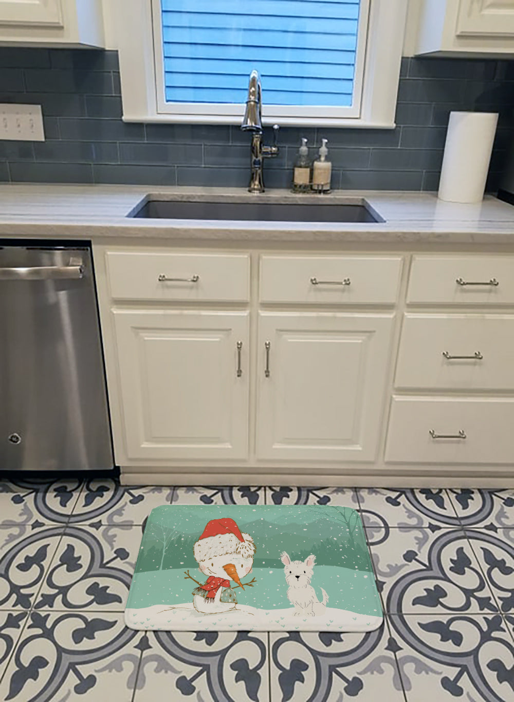 Westie Terrier Snowman Christmas Memory Foam Kitchen Mat Machine Washable Anti-Fatigue Cushion Comfort Bath or Kitchen Rug