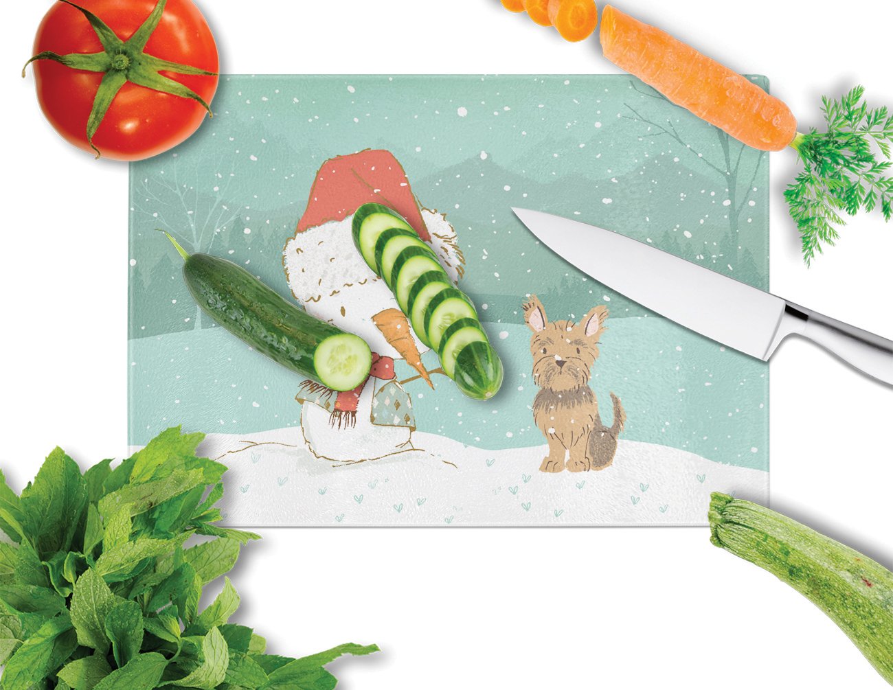 Yorkie Cropped Ears Snowman Christmas Cutting Board Tempered Glass Kitchen Cutting Surface, Heat Resistant Chopping, Non-Slip Feet, Food Prep & Serving
