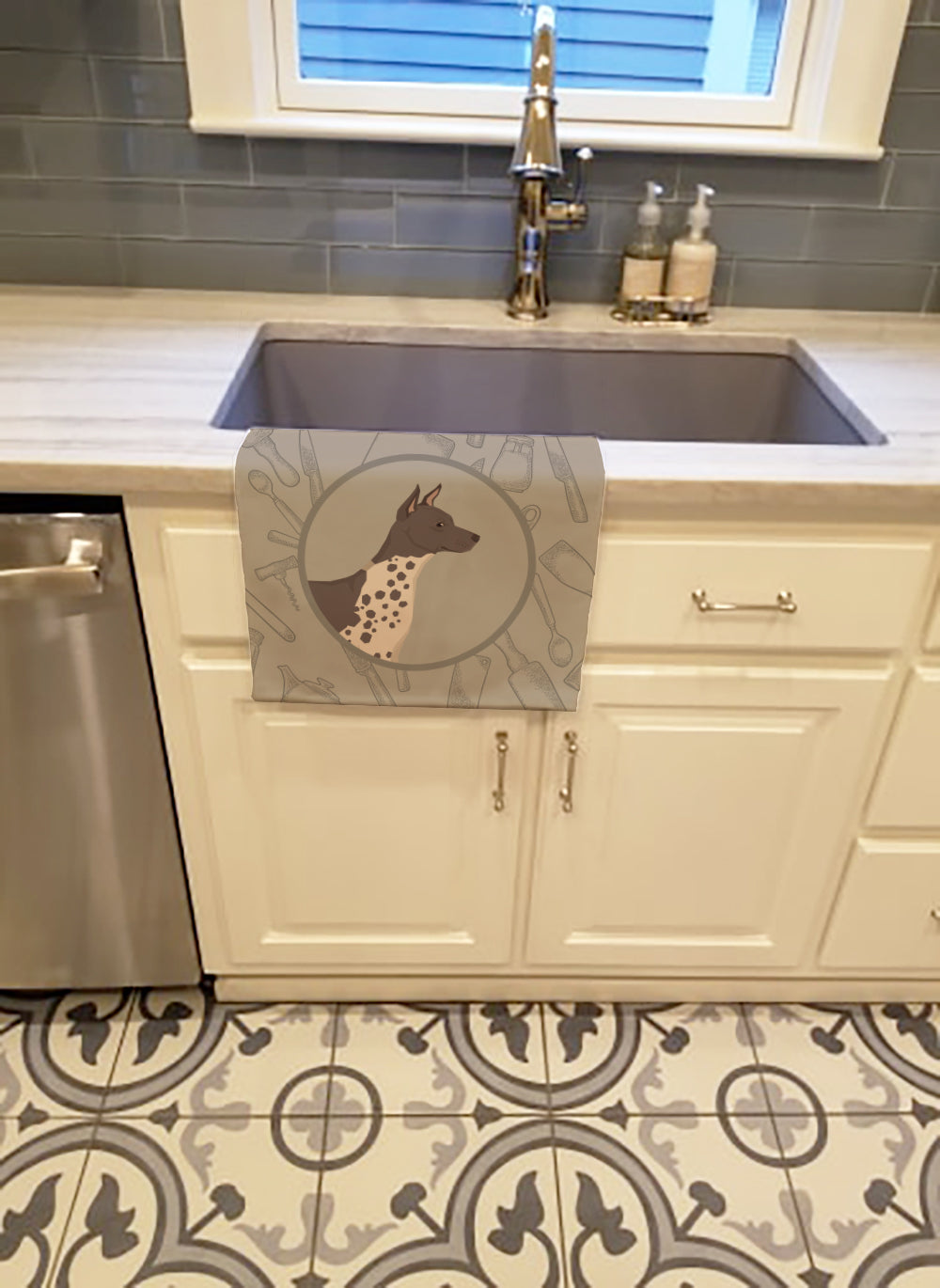 American Hairless Terrier In the Kitchen Kitchen Towel Velour Plush Front and Cotton Loop Back Machine Washable