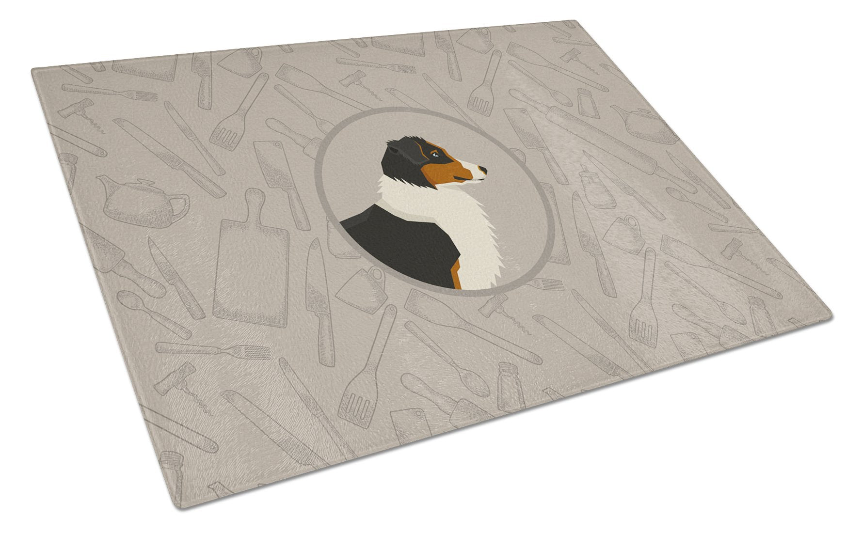 Australian Shepherd In the Kitchen Cutting Board Tempered Glass Kitchen Cutting Surface, Heat Resistant Chopping, Non-Slip Feet, Food Prep & Serving