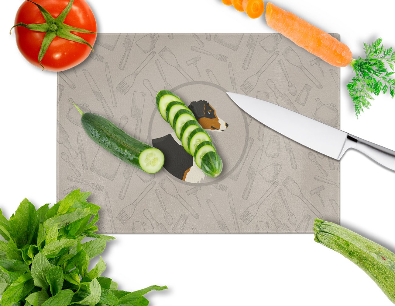 Australian Shepherd In the Kitchen Cutting Board Tempered Glass Kitchen Cutting Surface, Heat Resistant Chopping, Non-Slip Feet, Food Prep & Serving