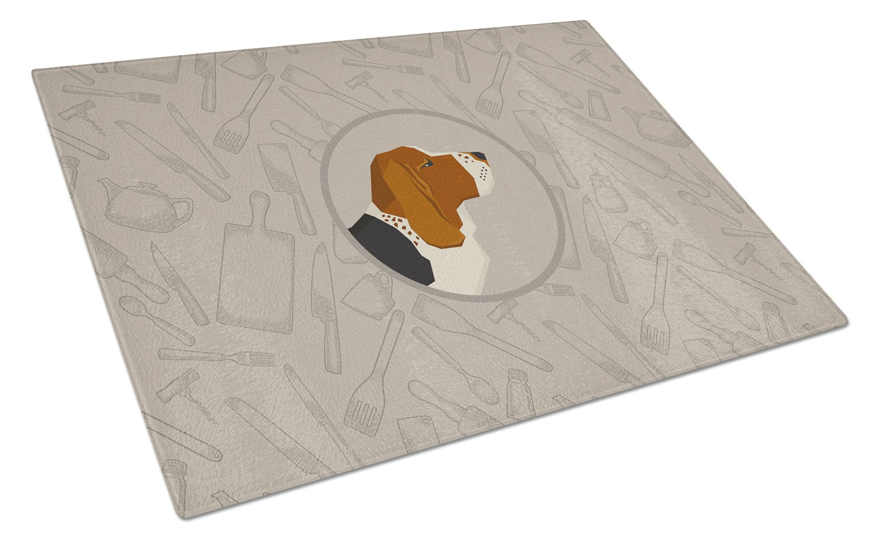 Basset Hound In the Kitchen Cutting Board Tempered Glass Kitchen Cutting Surface, Heat Resistant Chopping, Non-Slip Feet, Food Prep & Serving
