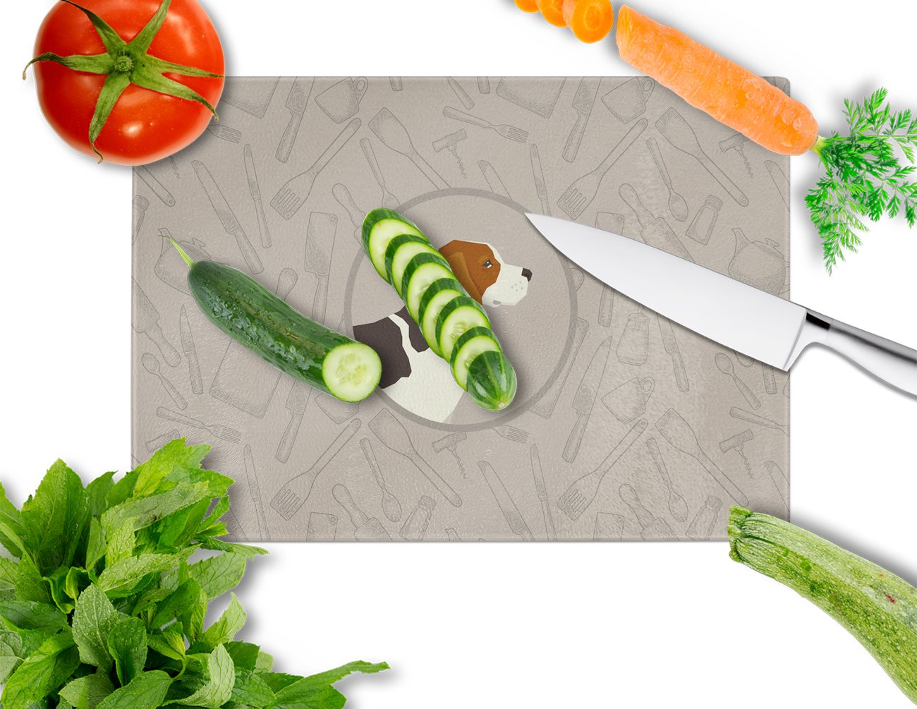 Beagle In the Kitchen Cutting Board Tempered Glass Kitchen Cutting Surface, Heat Resistant Chopping, Non-Slip Feet, Food Prep & Serving