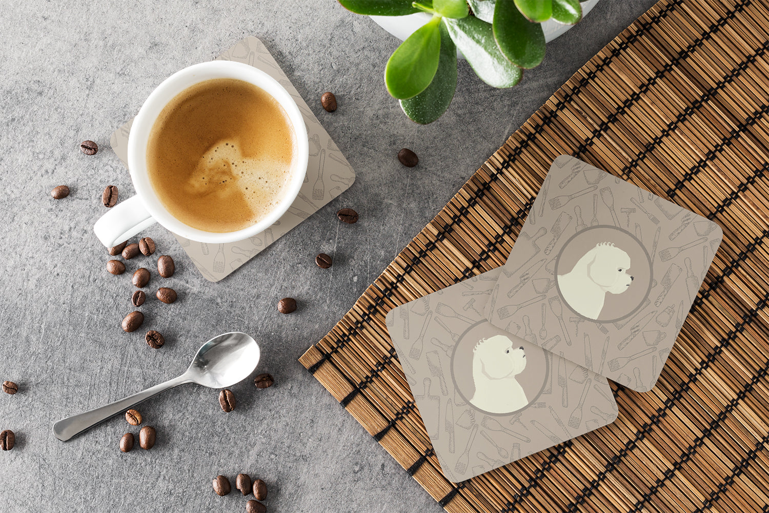 Bichon Frise In the Kitchen Foam Coasters Set of 4 Cup Coasters for Indoor Outdoor, Tabletop Protection, Anti Slip, Mouse pad Material