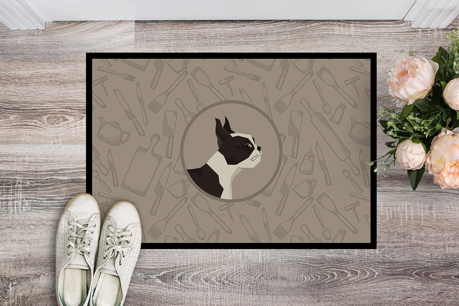 Boston Terrier In the Kitchen Doormat Indoor Outdoor 18H X 27W Front Door Mat Rugs for Entryway, Non Slip Washable