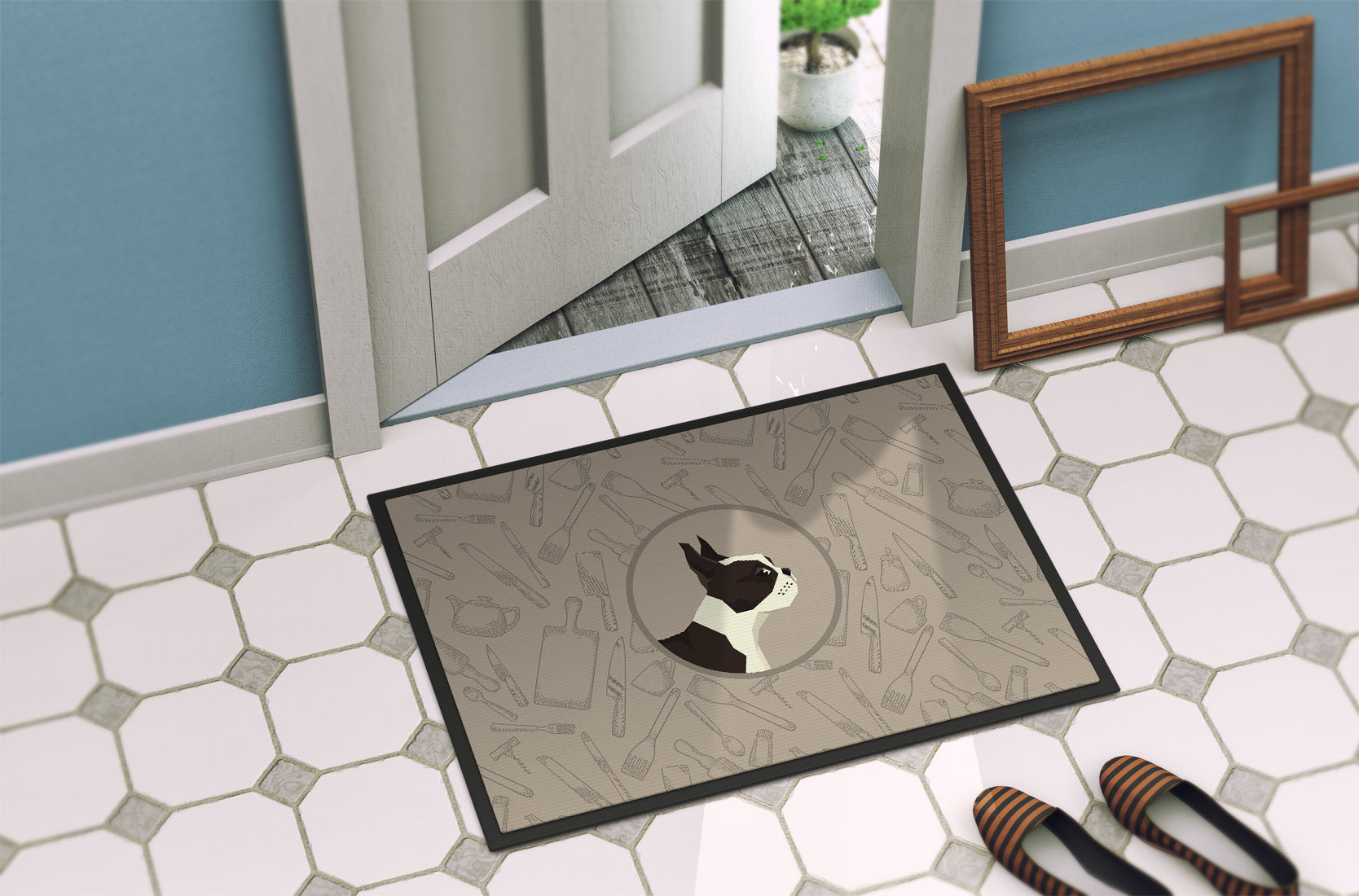 Boston Terrier In the Kitchen Doormat Indoor Outdoor 18H X 27W Front Door Mat Rugs for Entryway, Non Slip Washable
