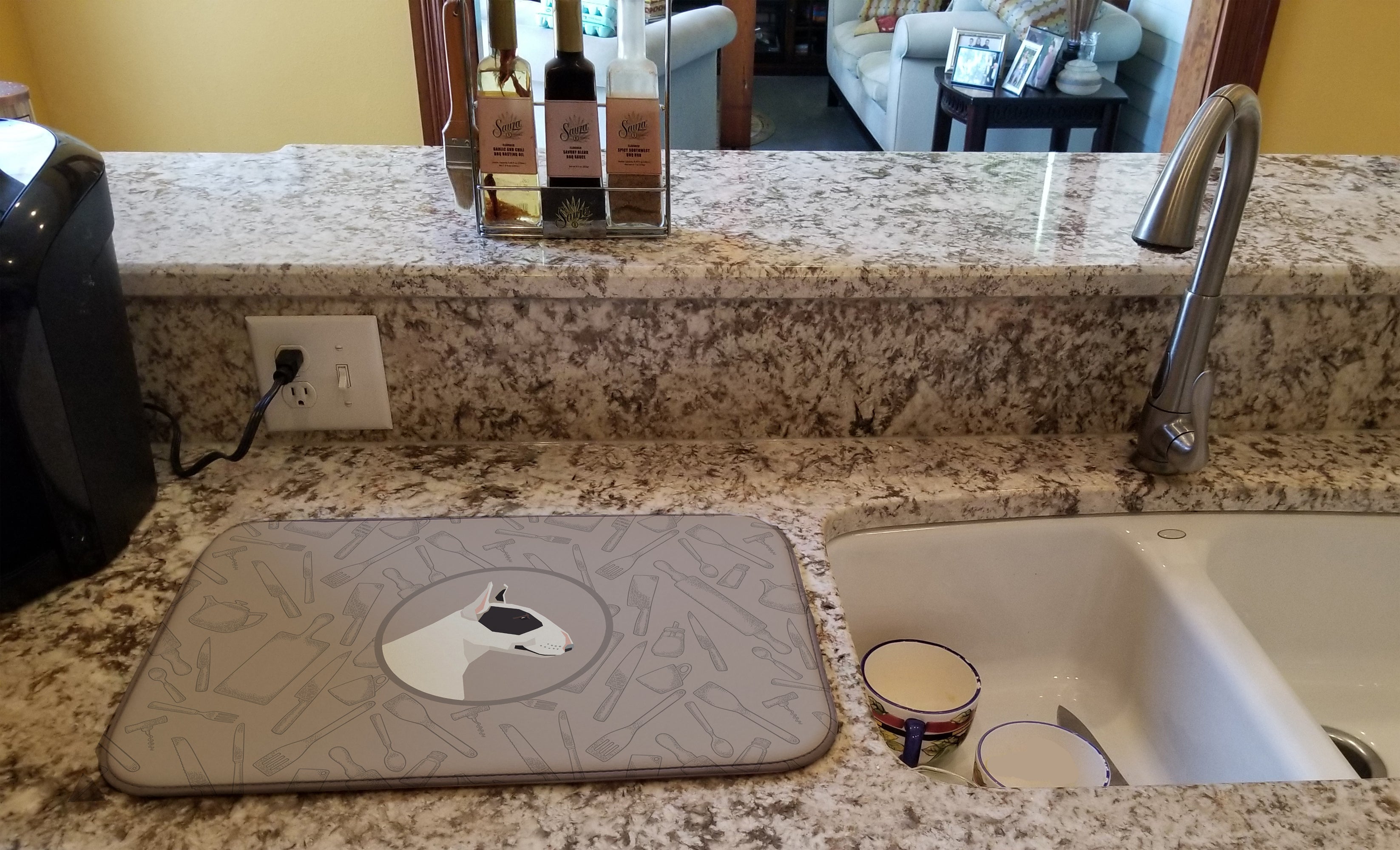 Black and White Bull Terrier In the Kitchen Dish Drying Mat Absorbent Dish Drying Mat Pad for Kitchen Counter Dish Drainer Mat for Countertop, 14 x 21", Multicolor