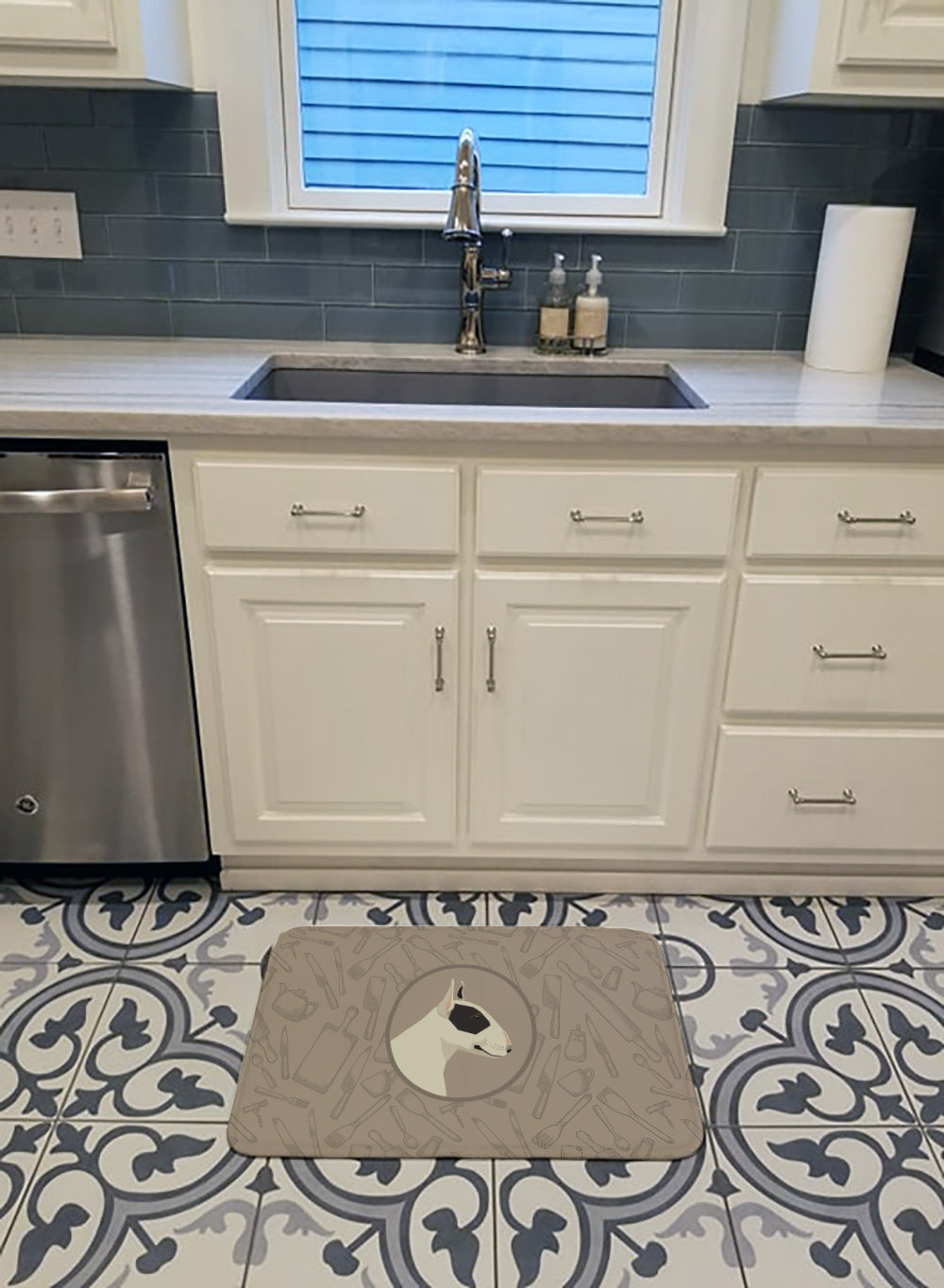 Black and White Bull Terrier In the Kitchen Memory Foam Kitchen Mat Machine Washable Anti-Fatigue Cushion Comfort Bath or Kitchen Rug