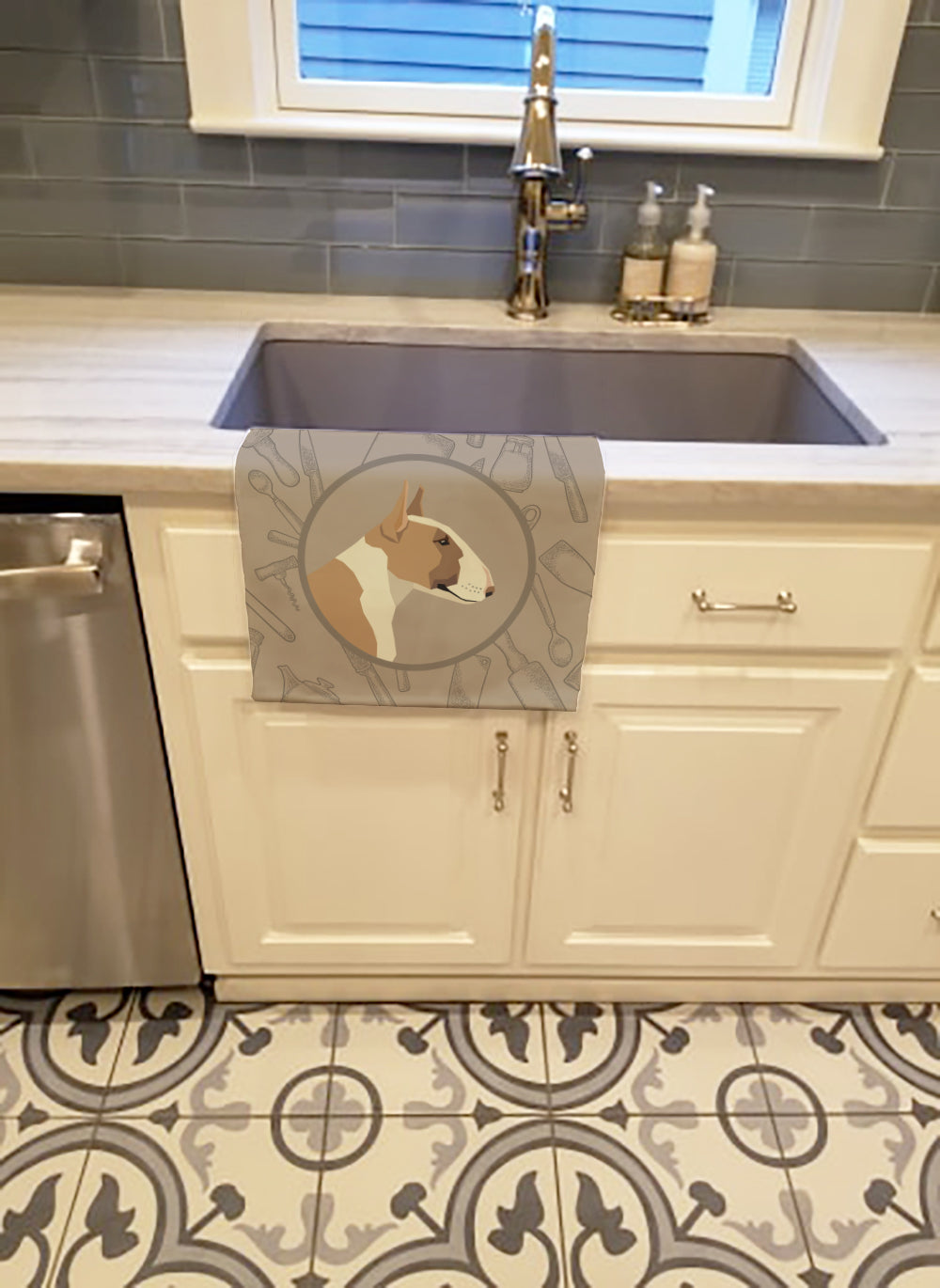 Fawn and White Bull Terrier In the Kitchen Kitchen Towel Velour Plush Front and Cotton Loop Back Machine Washable