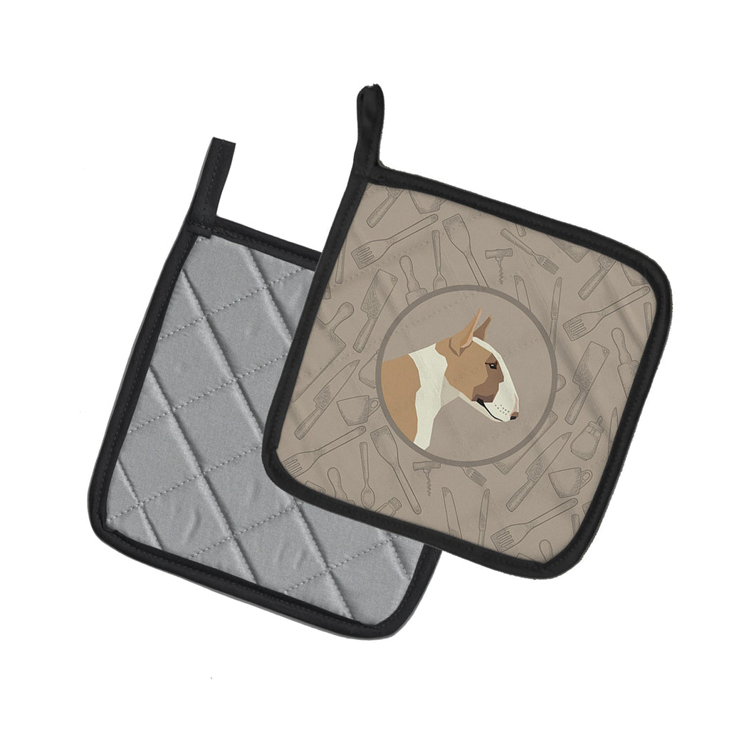Fawn and White Bull Terrier In the Kitchen Pot Holder Set of 2 Heat Resistant Quilted Hot Pads 7.5 x 7.5 Inch, Insulated Kitchen Trivets for Cooking & Baking