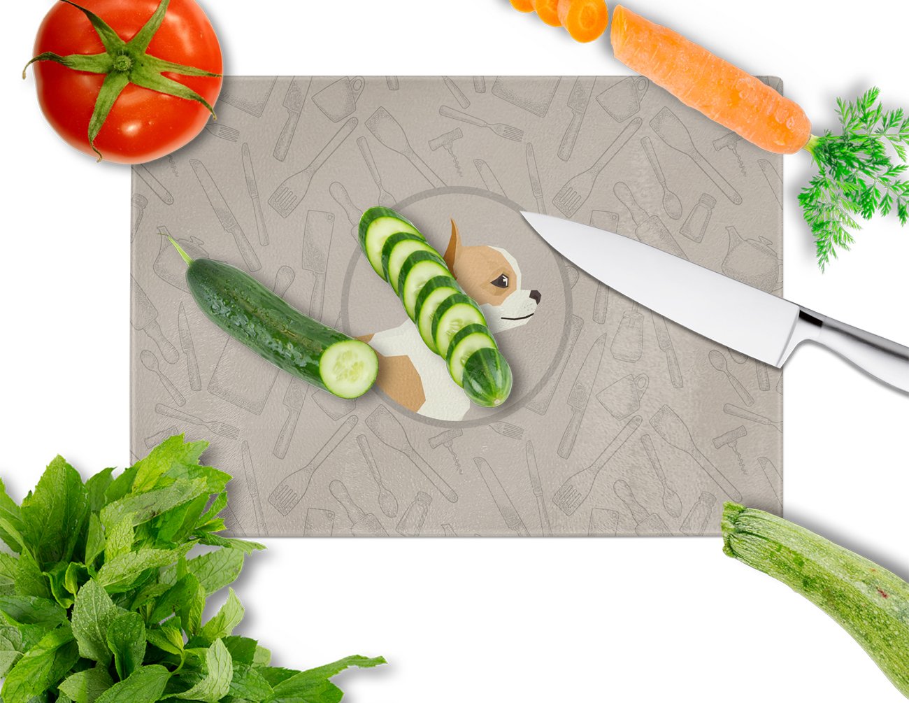 Chihuahua In the Kitchen Cutting Board Tempered Glass Kitchen Cutting Surface, Heat Resistant Chopping, Non-Slip Feet, Food Prep & Serving