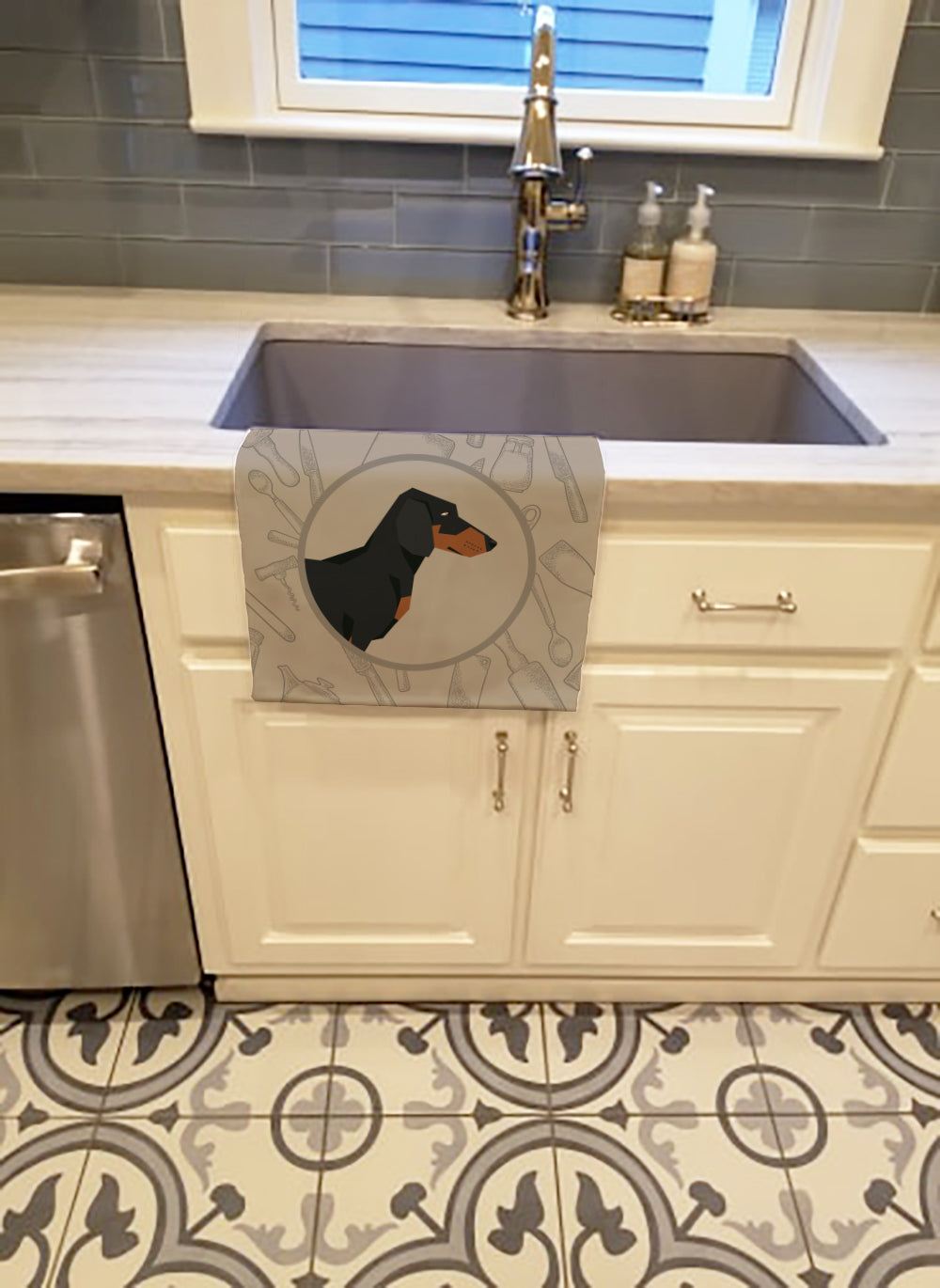 Dachshund In the Kitchen Kitchen Towel Velour Plush Front and Cotton Loop Back Machine Washable
