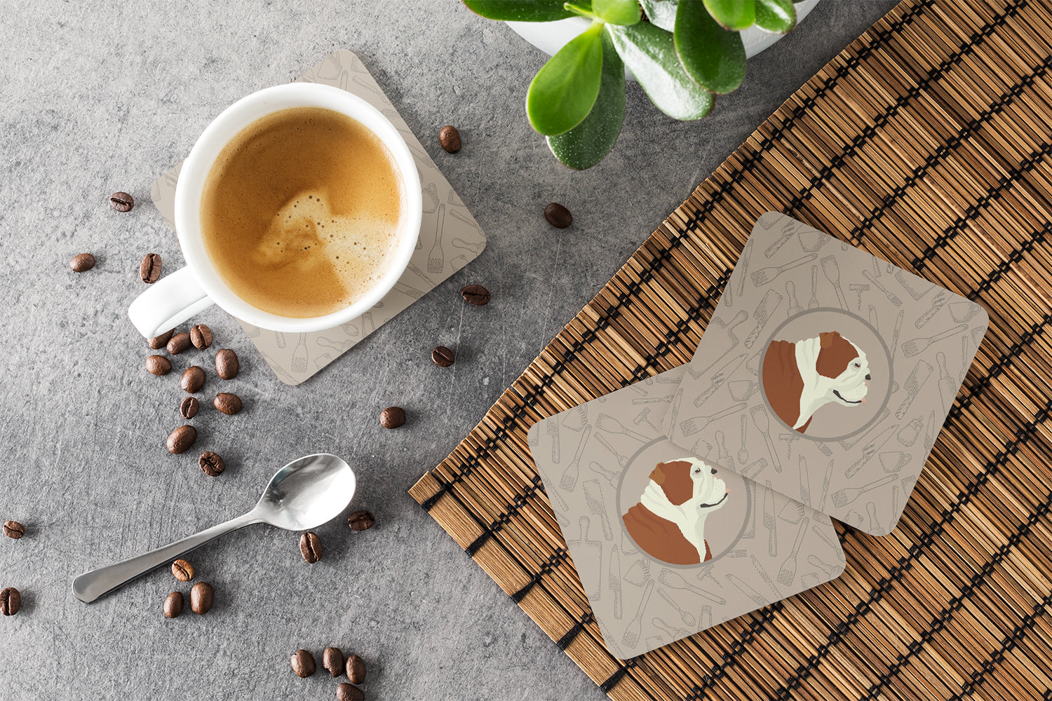 English Bulldog In the Kitchen Foam Coasters Set of 4 Cup Coasters for Indoor Outdoor, Tabletop Protection, Anti Slip, Mouse pad Material