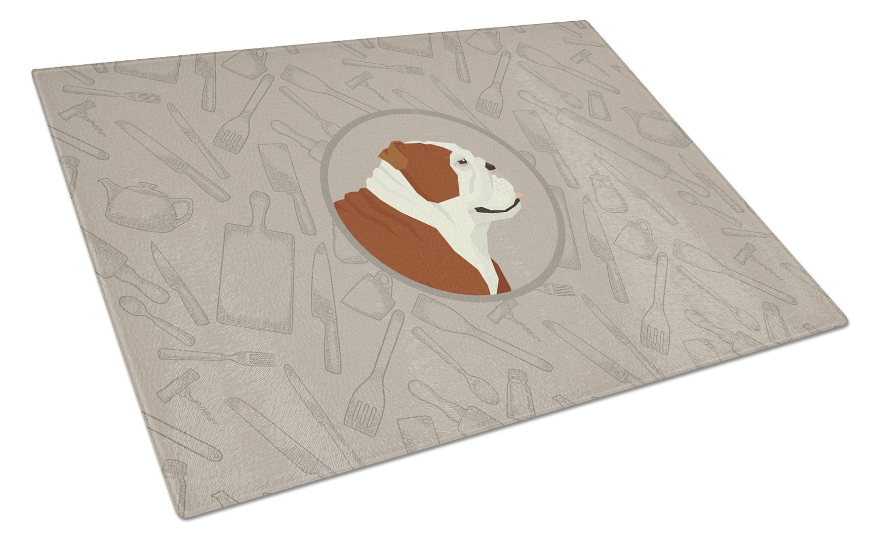 English Bulldog In the Kitchen Cutting Board Tempered Glass Kitchen Cutting Surface, Heat Resistant Chopping, Non-Slip Feet, Food Prep & Serving