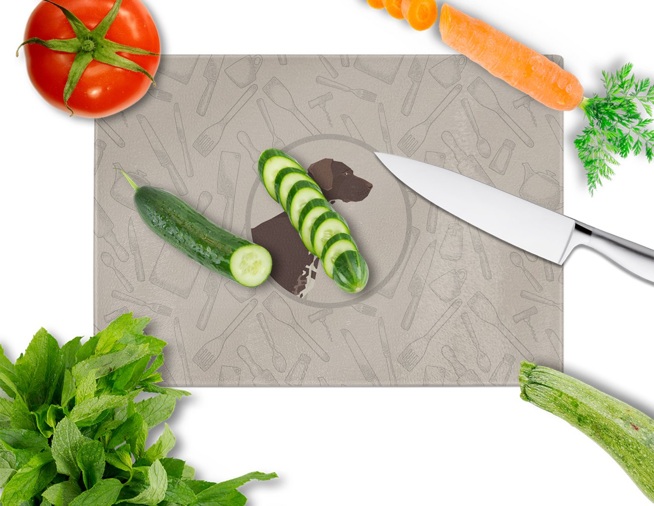 German Shorthaired Pointer In the Kitchen Cutting Board Tempered Glass Kitchen Cutting Surface, Heat Resistant Chopping, Non-Slip Feet, Food Prep & Serving