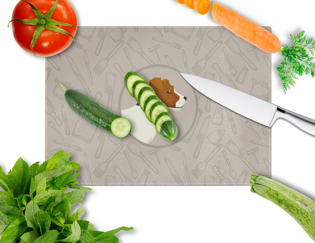 Jack Russell Terrier In the Kitchen Cutting Board Tempered Glass Kitchen Cutting Surface, Heat Resistant Chopping, Non-Slip Feet, Food Prep & Serving