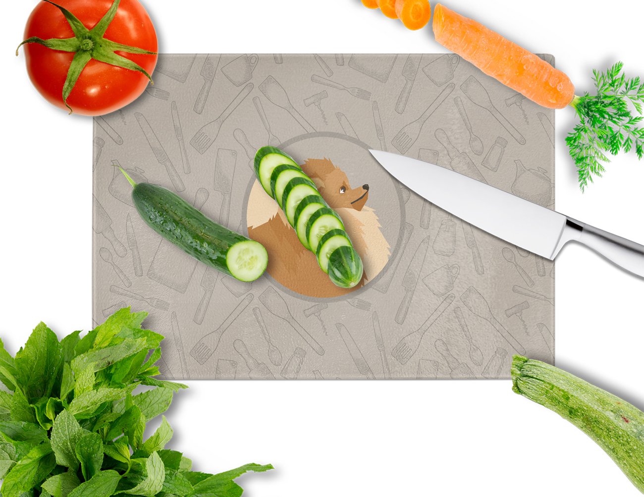 Pomeranian In the Kitchen Cutting Board Tempered Glass Kitchen Cutting Surface, Heat Resistant Chopping, Non-Slip Feet, Food Prep & Serving