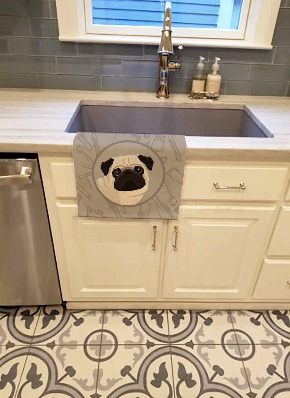Pug In the Kitchen Kitchen Towel Velour Plush Front and Cotton Loop Back Machine Washable