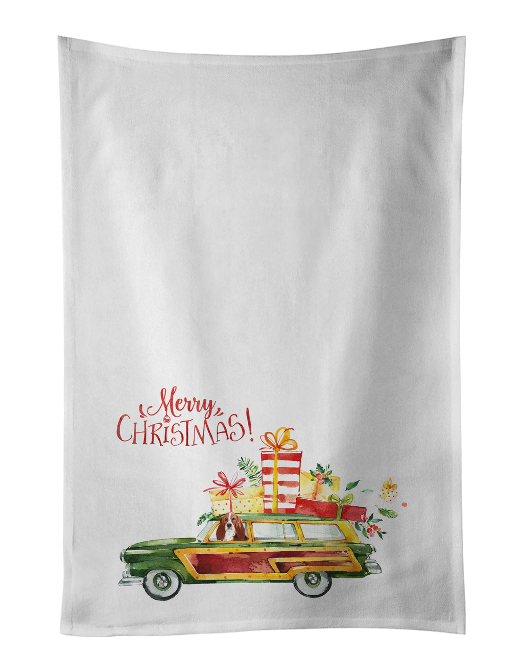 Merry Christmas Basset Hound Kitchen Towel Set of 2 White Dish Towels Decorative Bathroom Hand towel for Hand, Face, Hair, Yoga, Tea, Dishcloth, 19 X 28", White