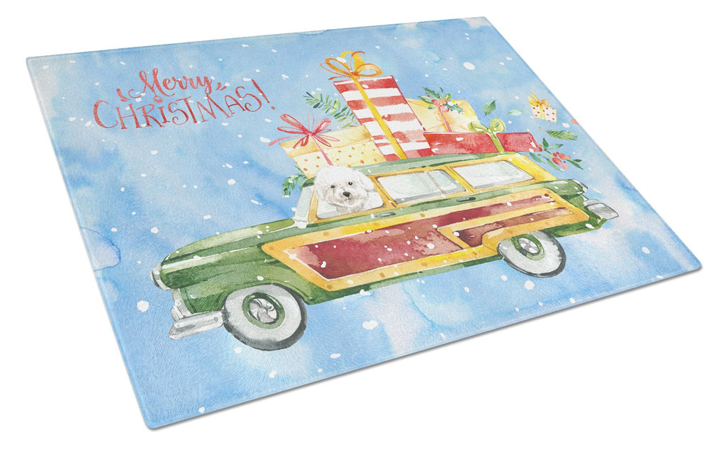 Merry Christmas Bichon Frisé Cutting Board Tempered Glass Kitchen Cutting Surface, Heat Resistant Chopping, Non-Slip Feet, Food Prep & Serving