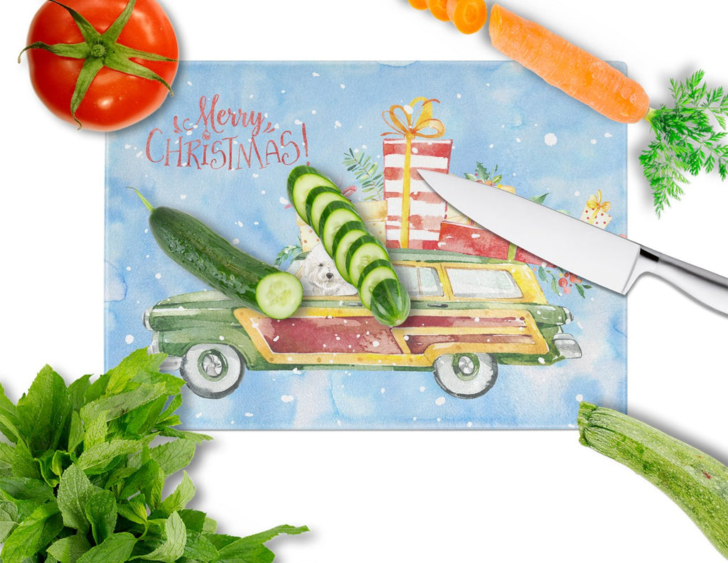Merry Christmas Bichon Frisé Cutting Board Tempered Glass Kitchen Cutting Surface, Heat Resistant Chopping, Non-Slip Feet, Food Prep & Serving