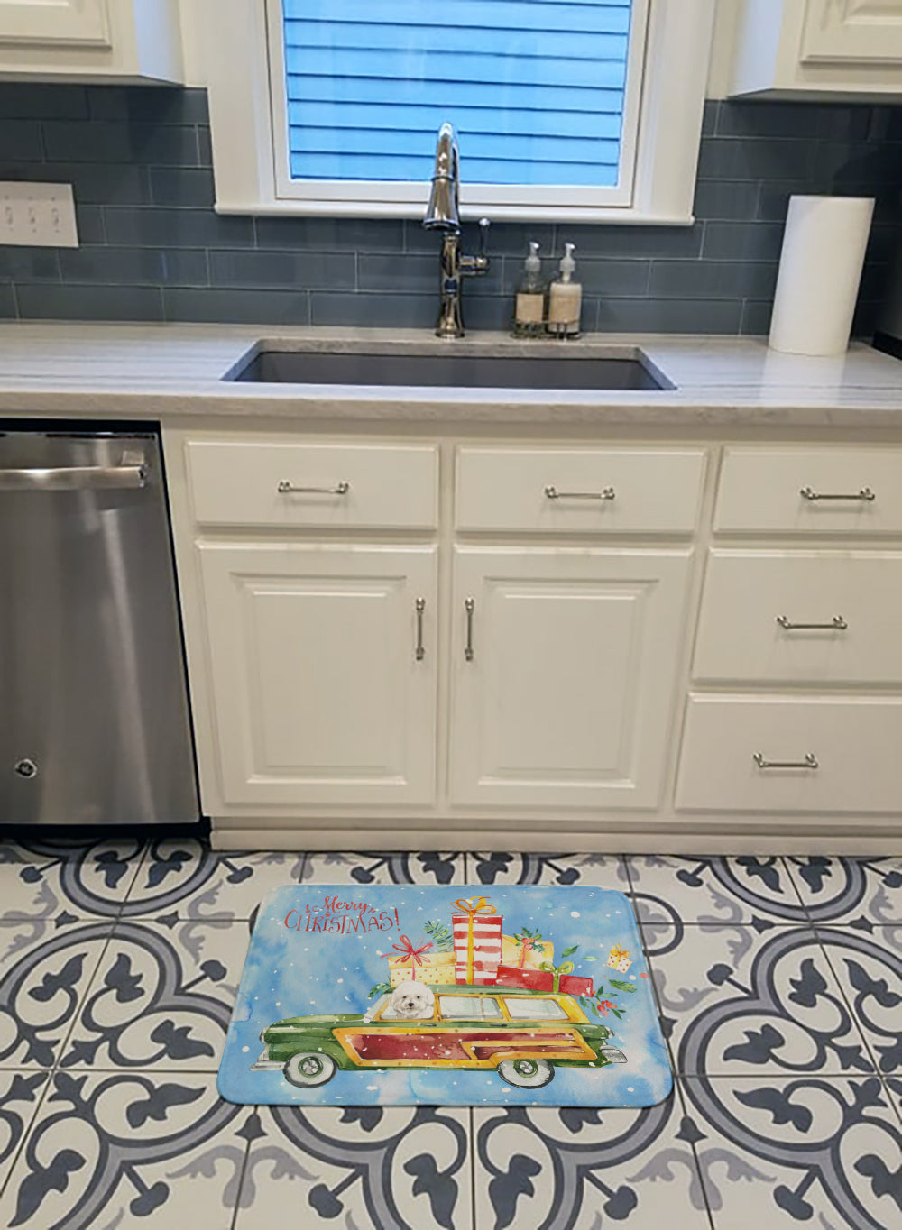 Merry Christmas Bichon Frisé Memory Foam Kitchen Mat Machine Washable Anti-Fatigue Cushion Comfort Bath or Kitchen Rug