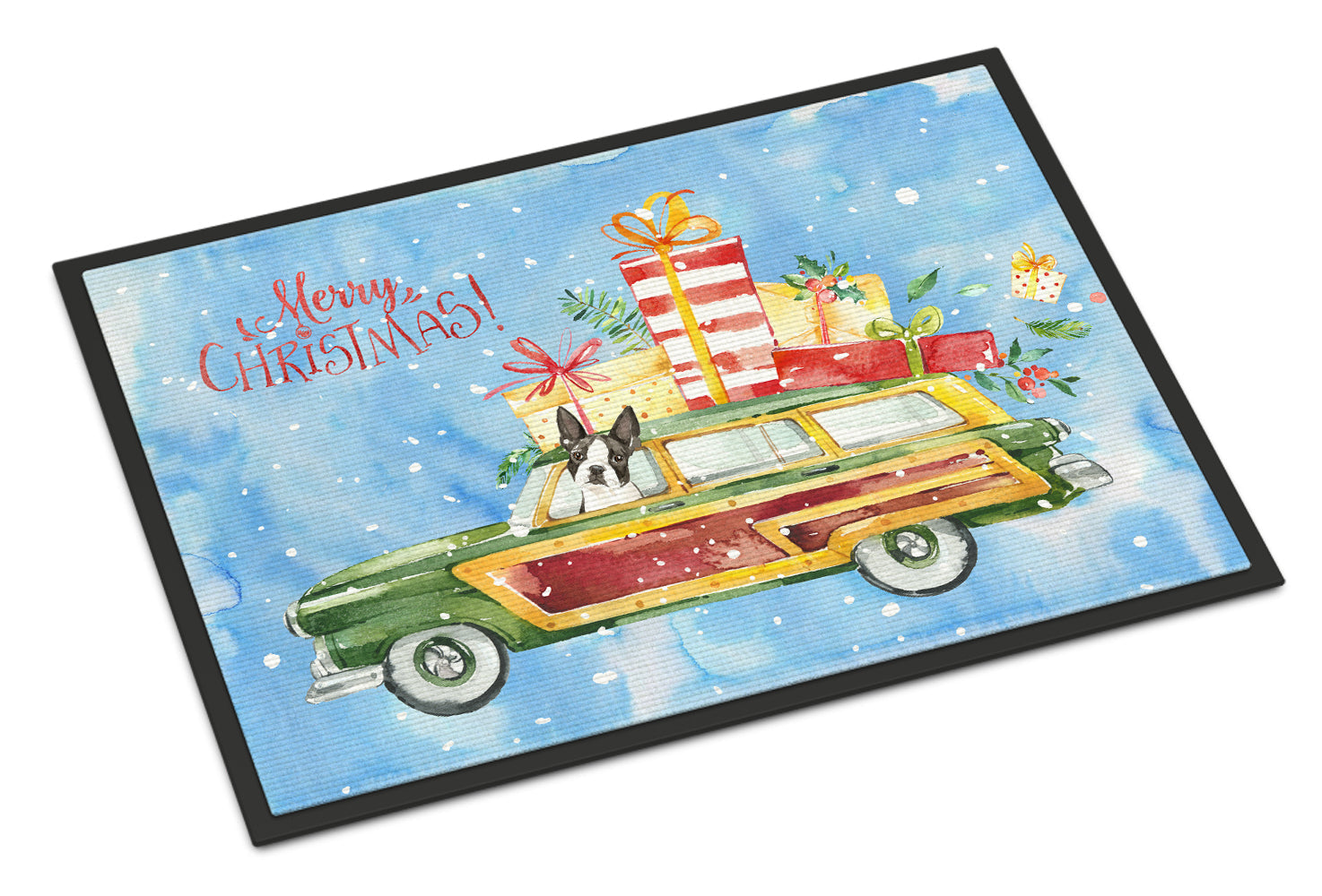Merry Christmas Boston Terrier Doormat Indoor Outdoor 24H X 36W Front Door Mat Rugs for Entryway, Non Slip Washable Low Pile,