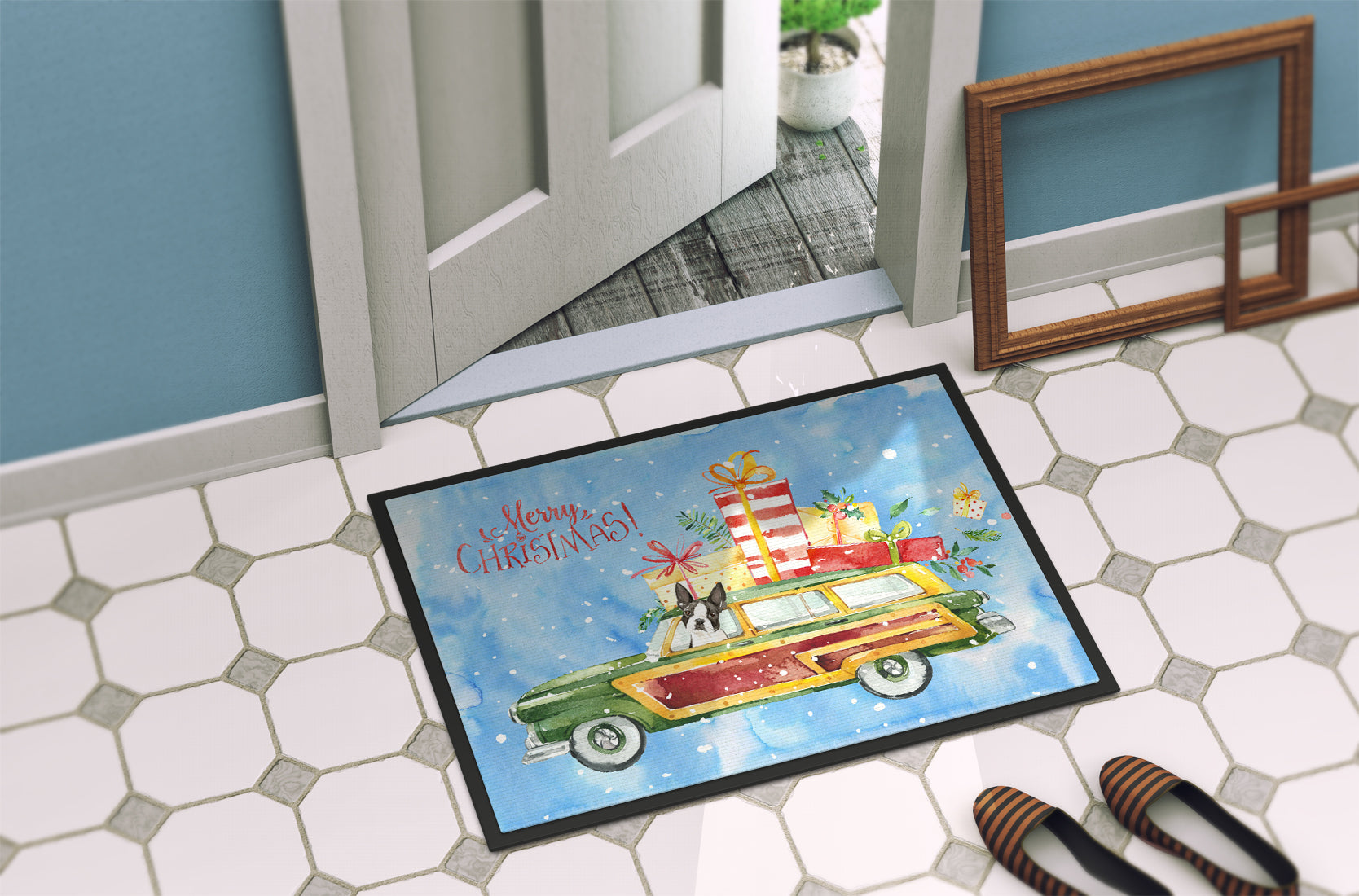 Merry Christmas Boston Terrier Doormat Indoor Outdoor 24H X 36W Front Door Mat Rugs for Entryway, Non Slip Washable Low Pile,