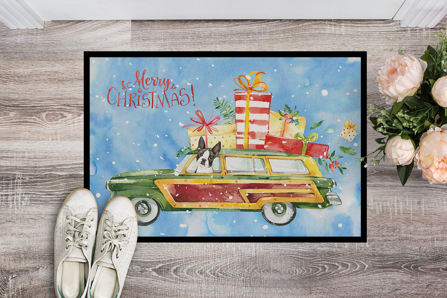 Merry Christmas Boston Terrier Doormat Indoor Outdoor 18H X 27W Front Door Mat Rugs for Entryway, Non Slip Washable