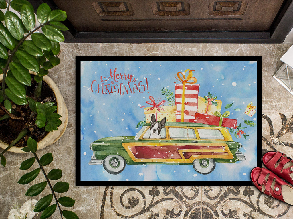 Merry Christmas Boston Terrier Doormat Indoor Outdoor 18H X 27W Front Door Mat Rugs for Entryway, Non Slip Washable