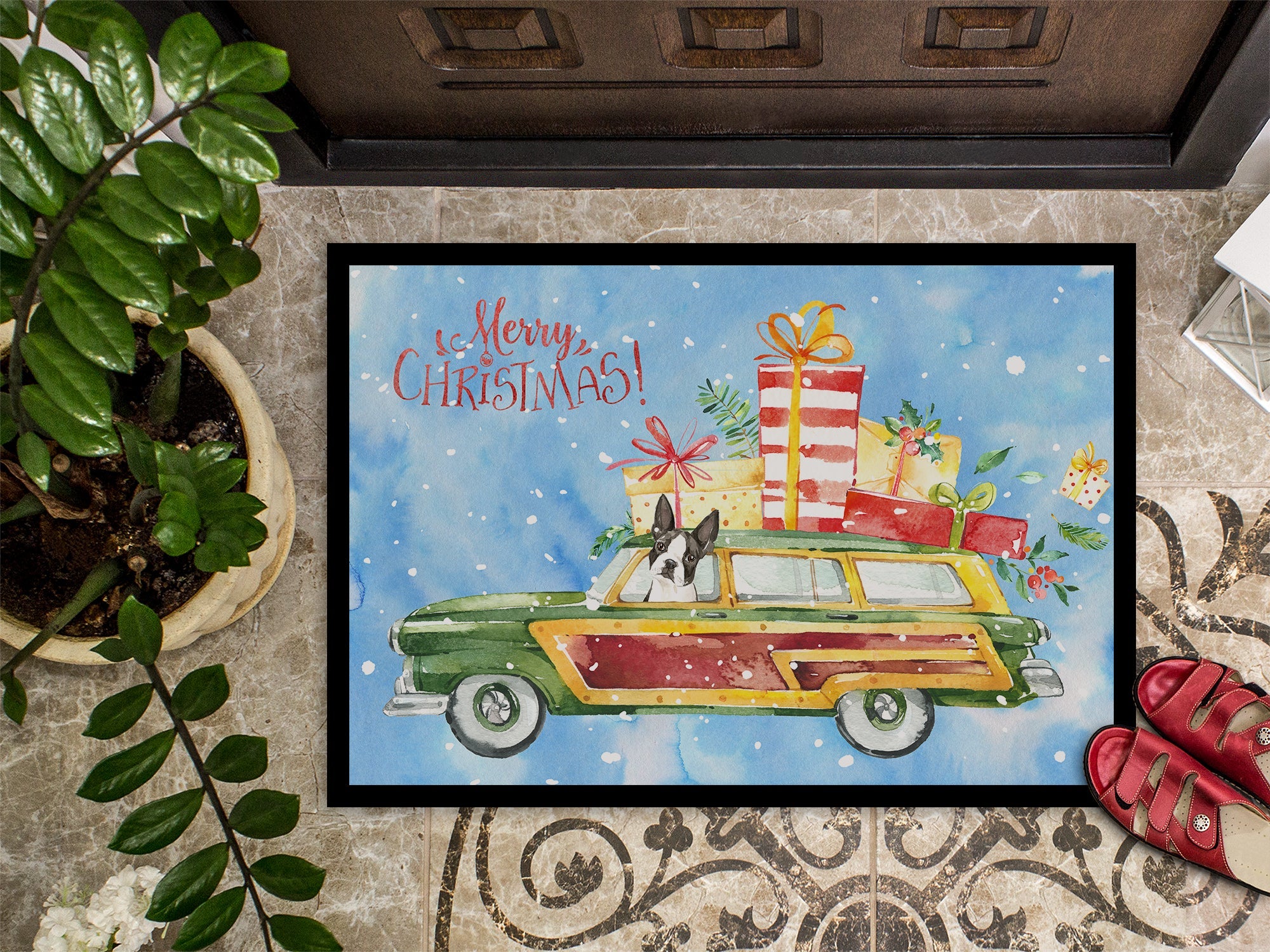 Merry Christmas Boston Terrier Doormat Indoor Outdoor 18H X 27W Front Door Mat Rugs for Entryway, Non Slip Washable