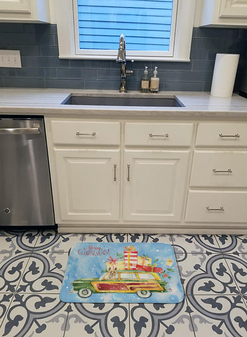 Merry Christmas Cairn Terrier Memory Foam Kitchen Mat Machine Washable Anti-Fatigue Cushion Comfort Bath or Kitchen Rug