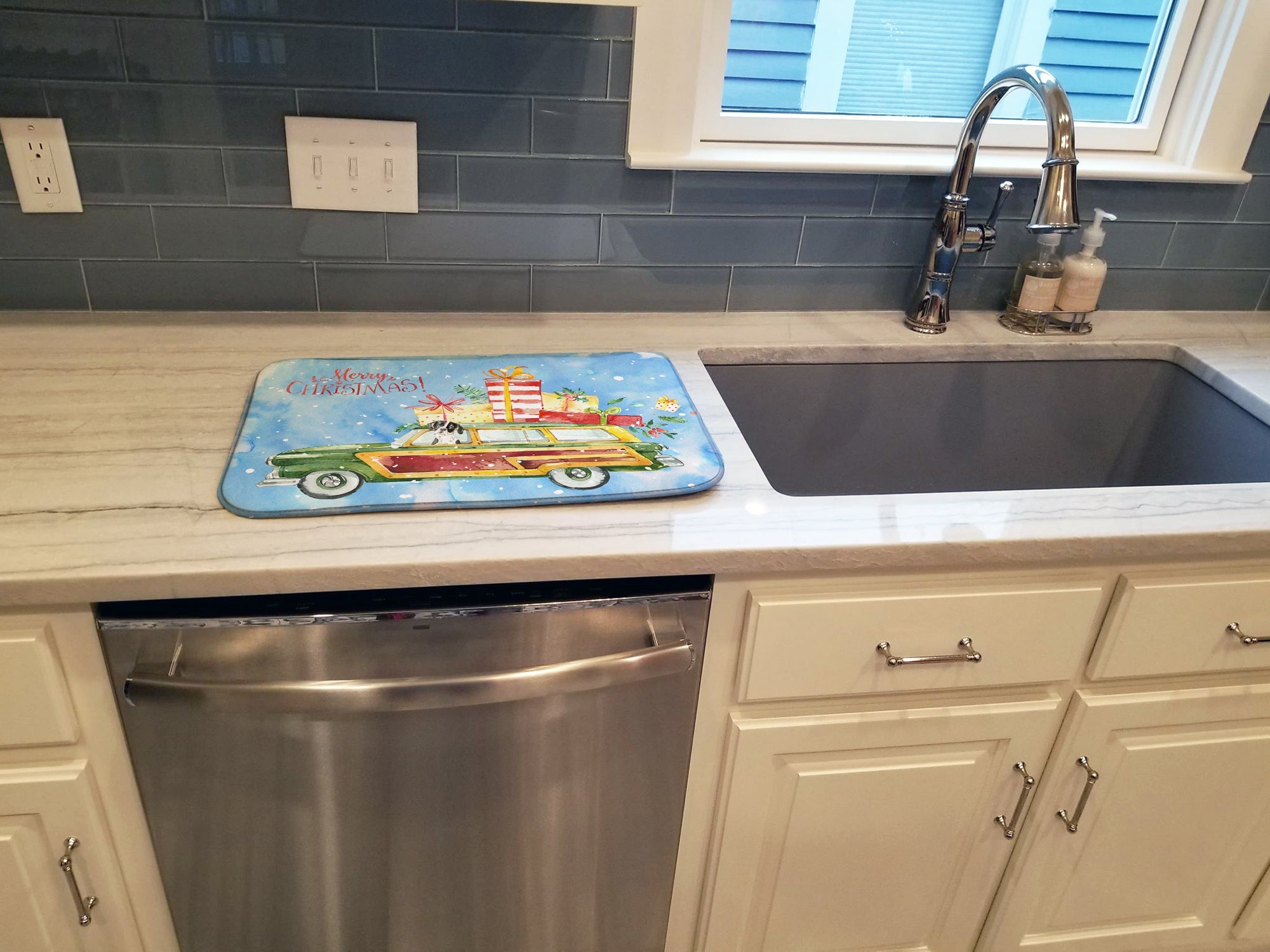 Merry Christmas English Pointer Dish Drying Mat Absorbent Dish Drying Mat Pad for Kitchen Counter Dish Drainer Mat for Countertop, 14 x 21", Multicolor