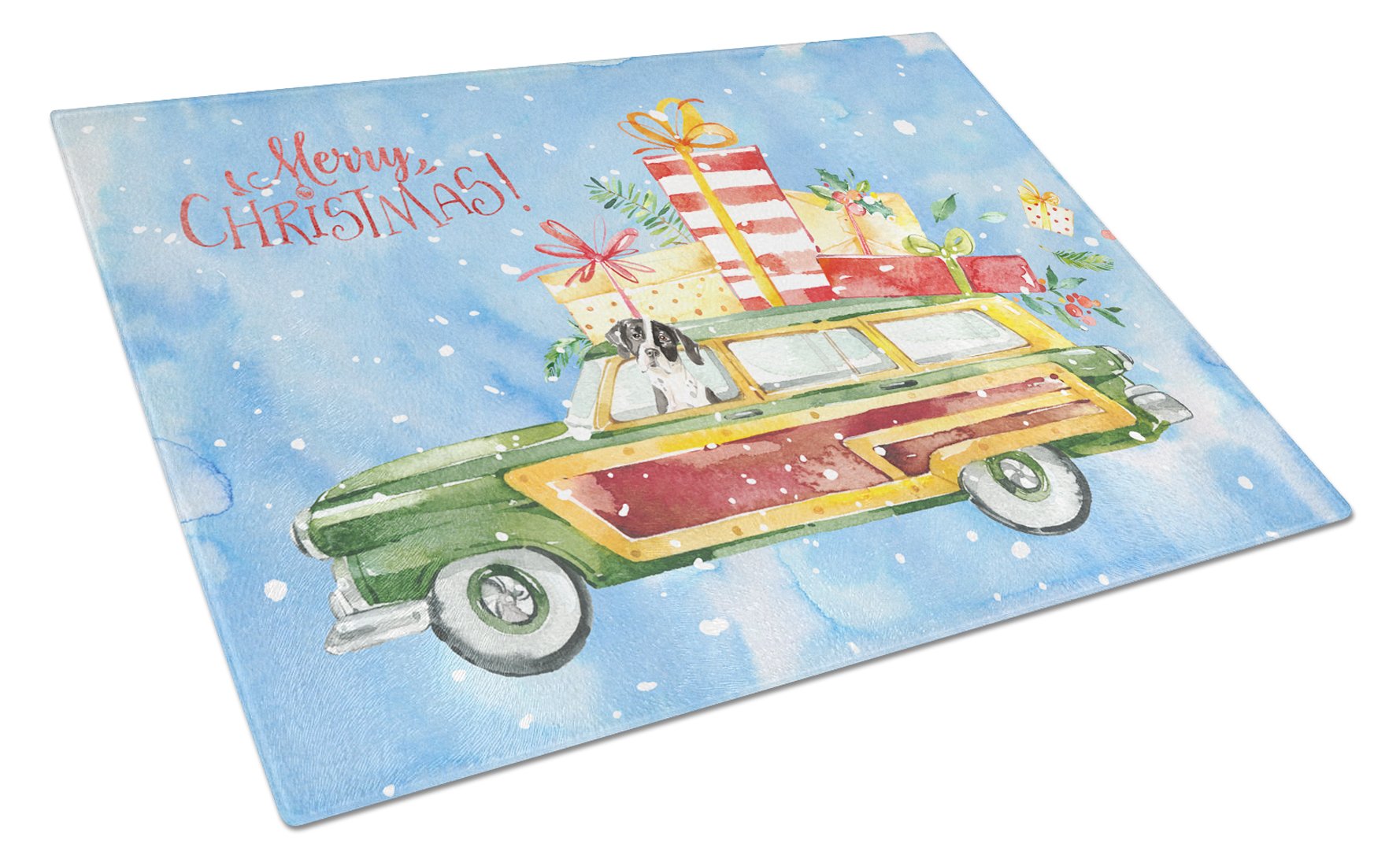 Merry Christmas English Pointer Cutting Board Tempered Glass Kitchen Cutting Surface, Heat Resistant Chopping, Non-Slip Feet, Food Prep & Serving