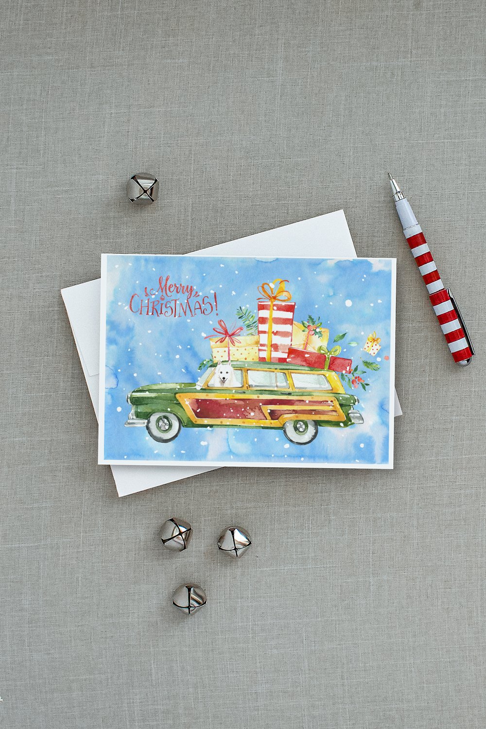 Merry Christmas Japanese Spitz Greeting Cards Pack of 8 Blank Cards with Envelopes Whimsical A7 Size 5x7