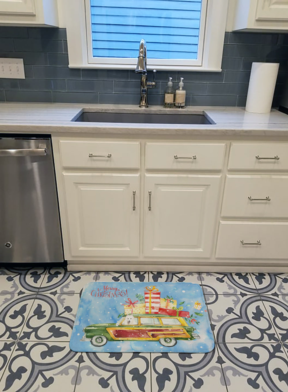 Merry Christmas Japanese Spitz Memory Foam Kitchen Mat Machine Washable Anti-Fatigue Cushion Comfort Bath or Kitchen Rug