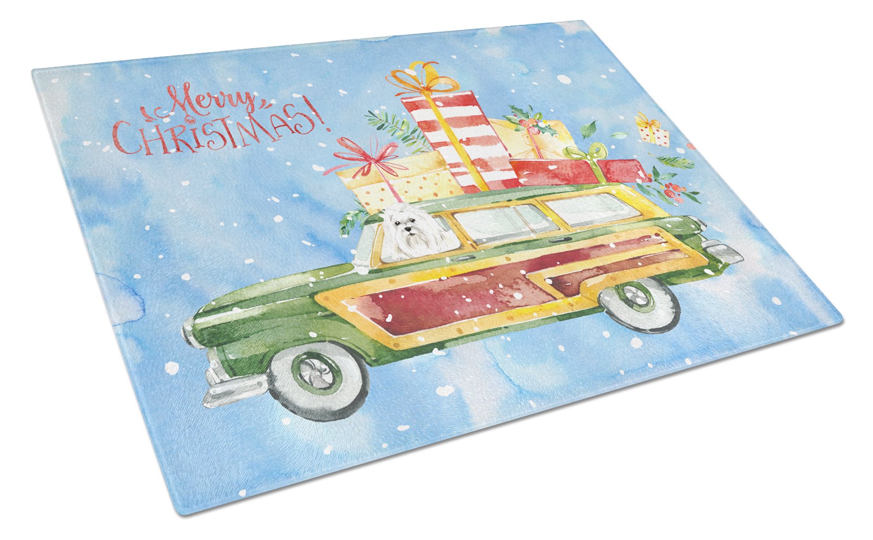 Merry Christmas Maltese Cutting Board Tempered Glass Kitchen Cutting Surface, Heat Resistant Chopping, Non-Slip Feet, Food Prep & Serving